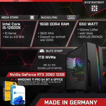 SYSTEMTREFF Basic Gaming-PC (Intel Core i5 12600K, GeForce RTX 3060, 16 GB RAM, 1000 GB SSD, Luftkühlung, Windows 11, WLAN)