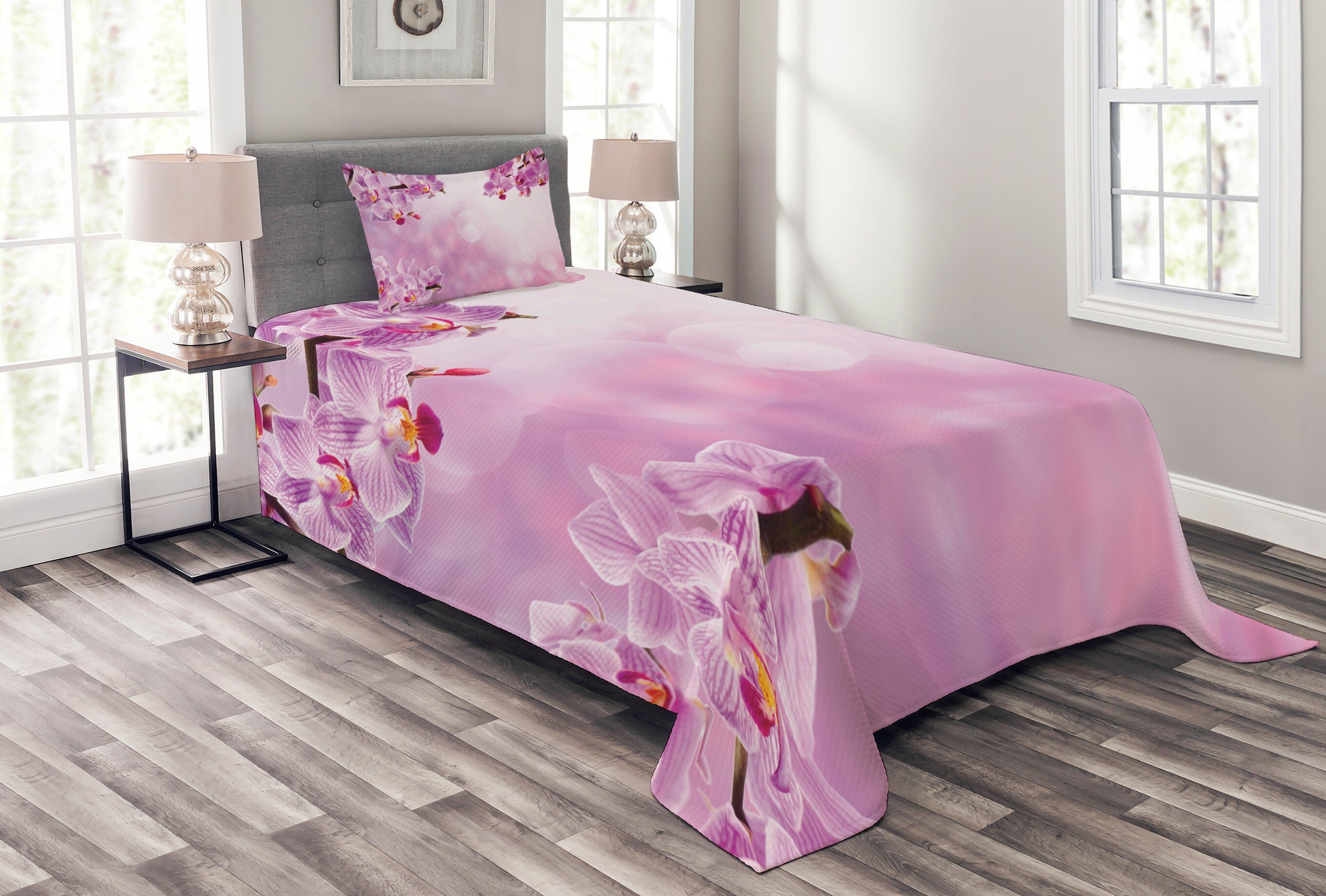 Tagesdecke Set mit Kissenbezügen Waschbar, Abakuhaus, Rosa Orchid Frühling Blütenblätter Spa