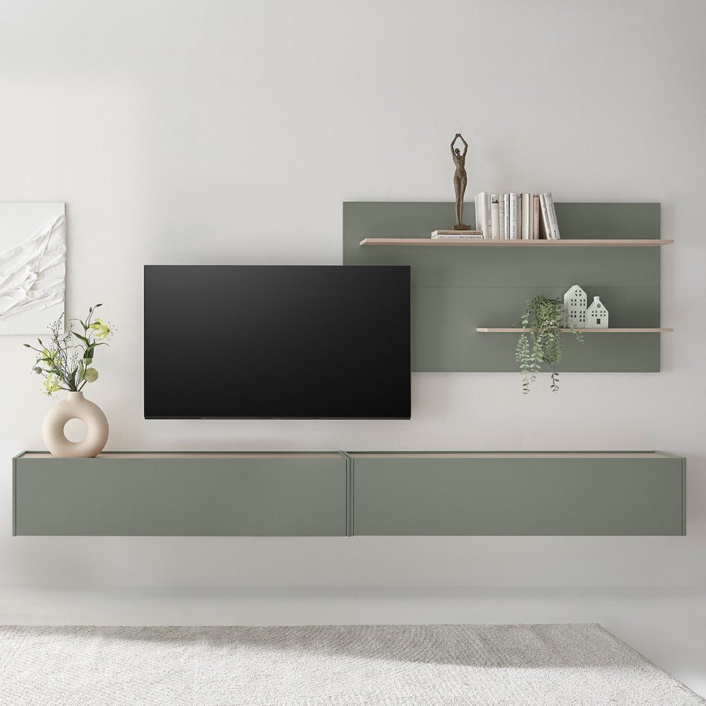 Lomadox Wohnzimmer-Set CRISP-61, (Mega-Spar-Set, 3-St., Wandpaneel inkl. LED-Beleuchtung Hängeschänke), grün mit Eiche Nb., inkl. Beleuchtung, grifflos, viel Stauraum