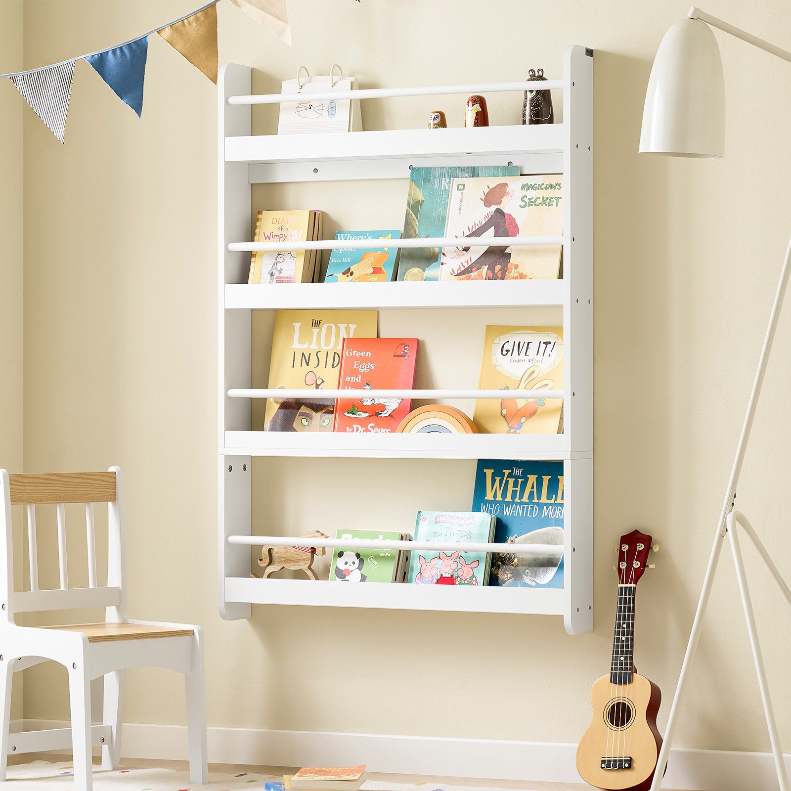 SoBuy Bücherregal DE-KMB08, Spielzeugtruhe Spielzeugregal für Kinderzimmer, Spielzimmer, mit 4 Ablagen, Kiefernholz, Kinderregal, Bücherregal Kinder, Wandregal