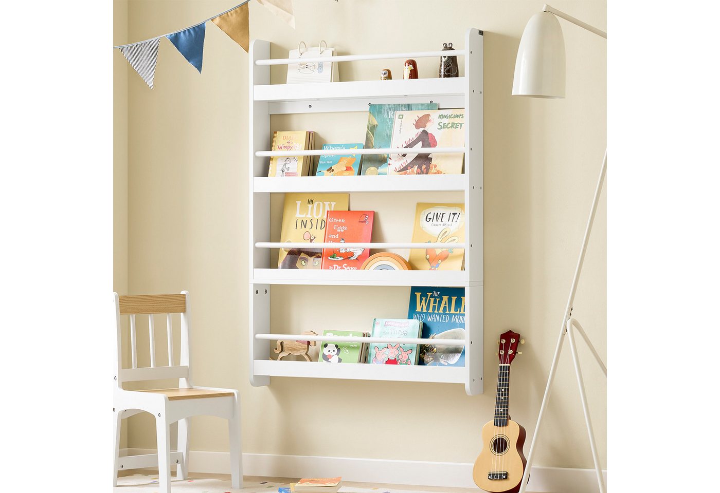 SoBuy Bücherregal DE-KMB08, Spielzeugtruhe Spielzeugregal für Kinderzimmer, Spielzimmer, mit 4 Ablagen, Kiefernholz, Kinderregal, Bücherregal Kinder, Wandregal