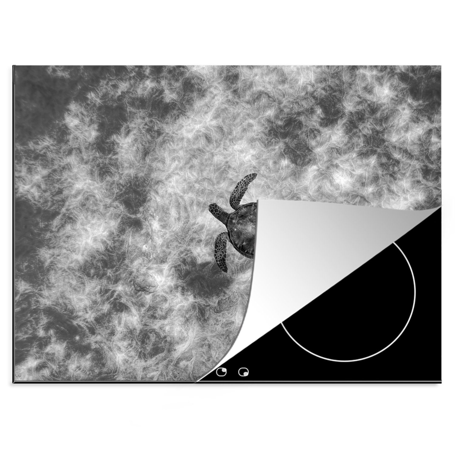MuchoWow Herdblende-/Abdeckplatte Schildkröte im Meer - schwarz und weiß, Vinyl, (1 tlg), 70x52 cm, Mobile Arbeitsfläche nutzbar, Ceranfeldabdeckung