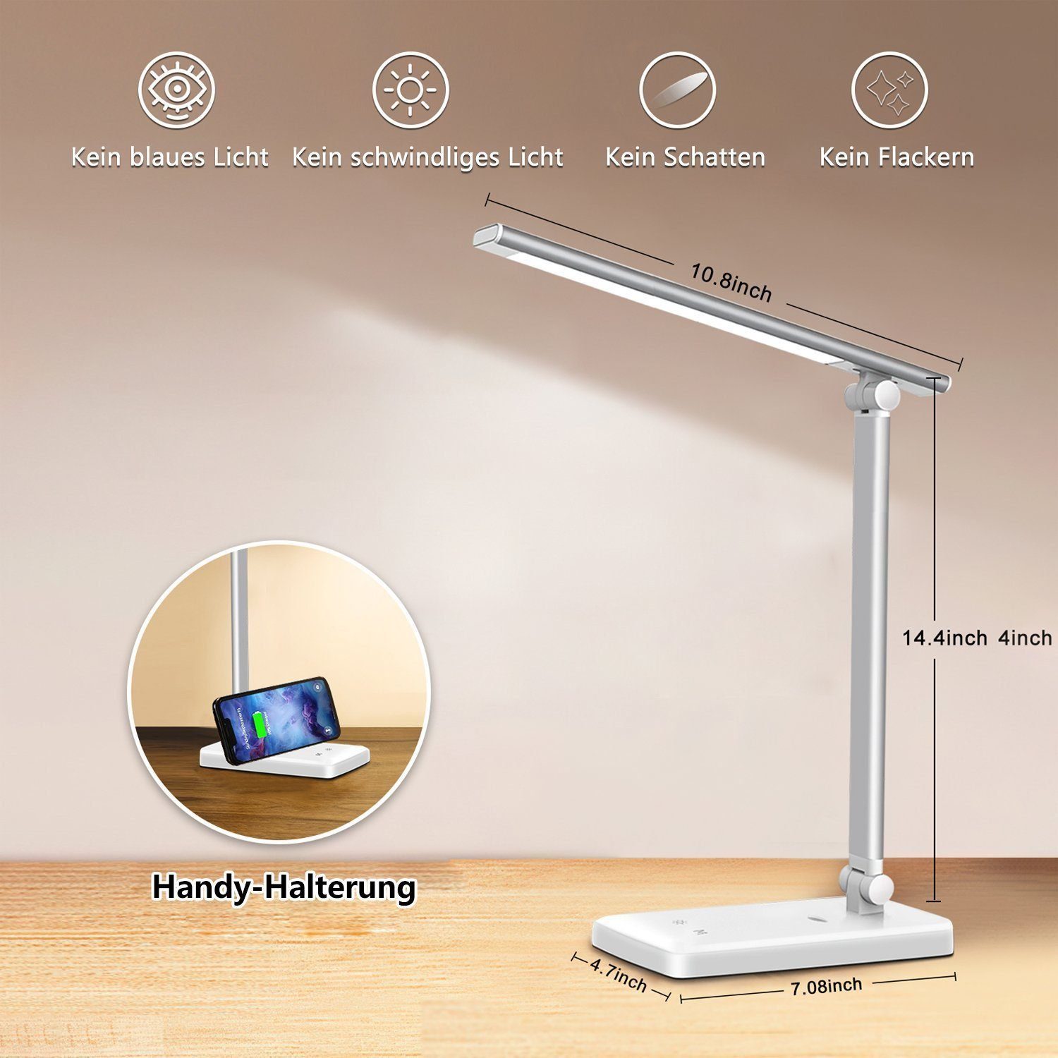 feinlux Schreibtischlampe 8W LED Dimmbare Tischleuchte 8W Tischlampe, LED fest integriert, Kaltweißes Licht, Augenschutz-Modus, USB-Anschluss, LED fest integriert