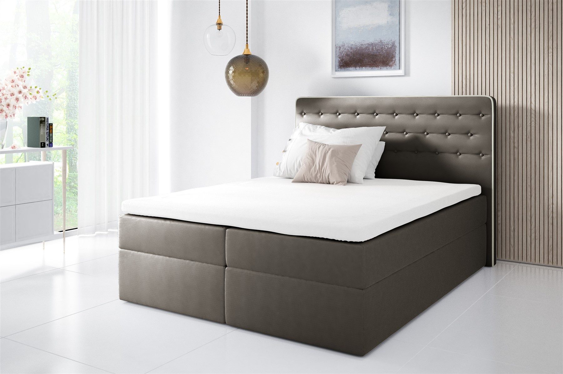 Fun Möbel Boxbett Schlafzimmerbett MARCA in Stoff (Gepolstertes Kopfteil und gepolsterte Bettkästen, Inkl. Bettkasten), Inkl. Topper
