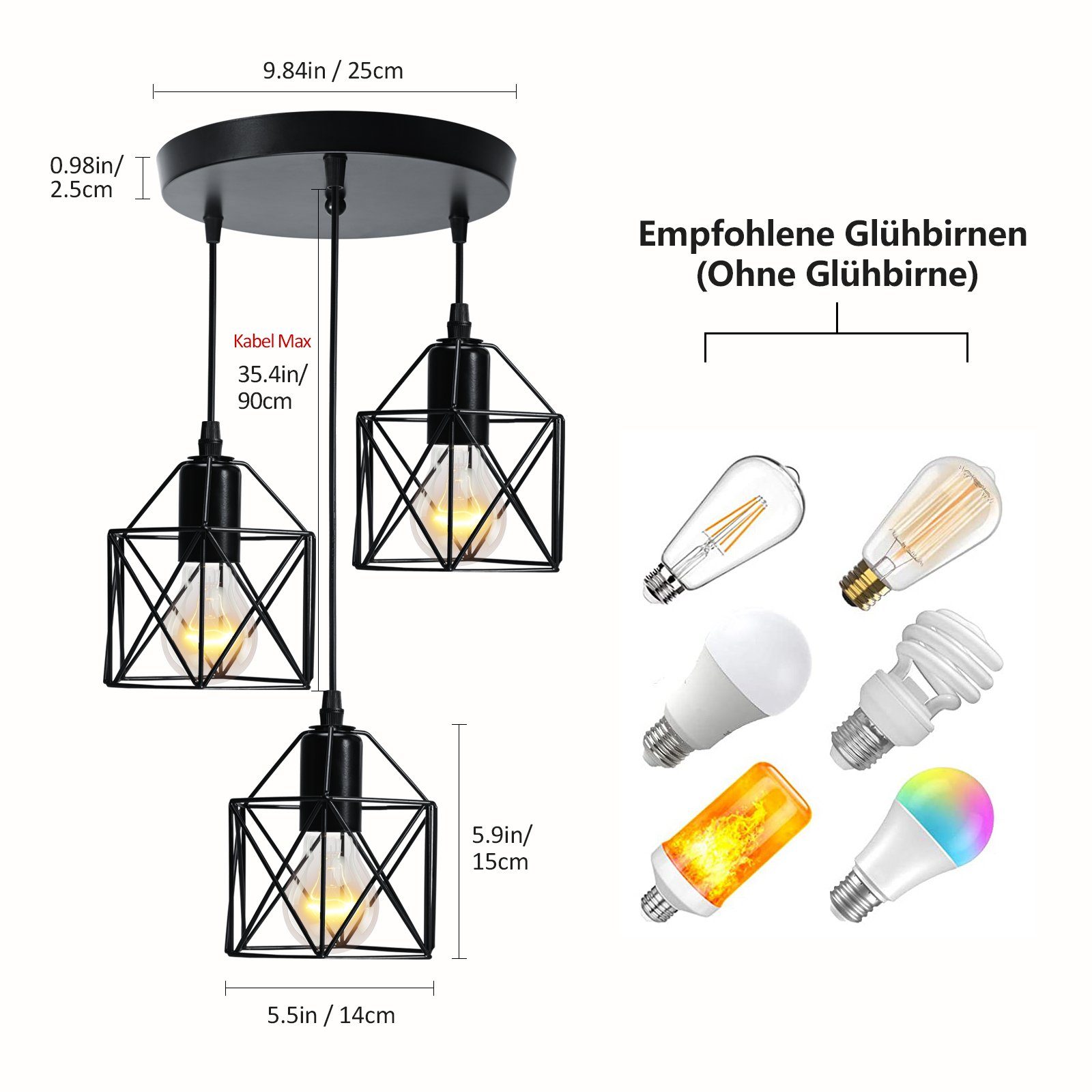 EMKE Pendelleuchte 3-flammig Industriell höhenverstellbar, ohne Leuchtmitte günstig online kaufen