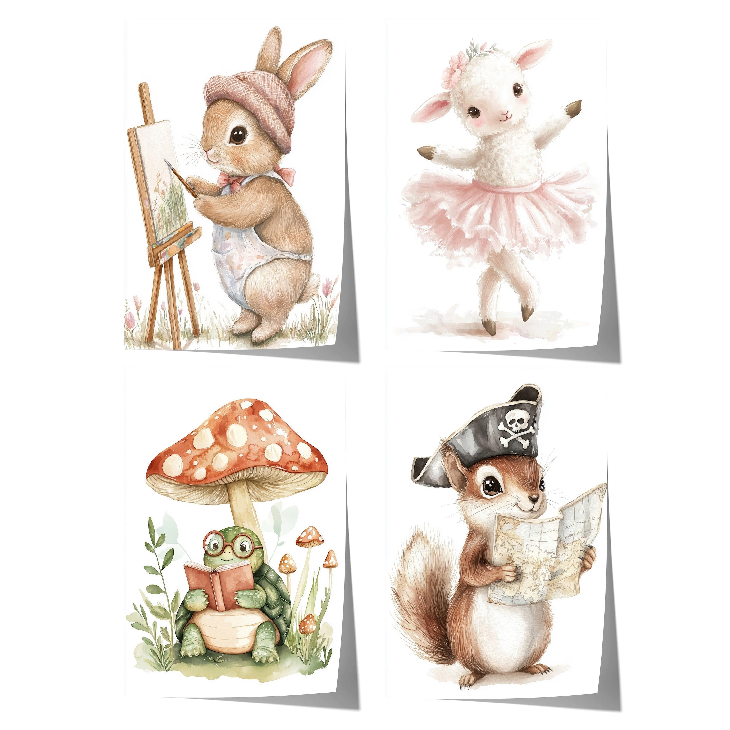 JUSTGOODMOOD Poster Tiere Kinderzimmer Süß Aquarell Hase Schaf Schildkröte Eichhörnchen Ki, C (1 St)