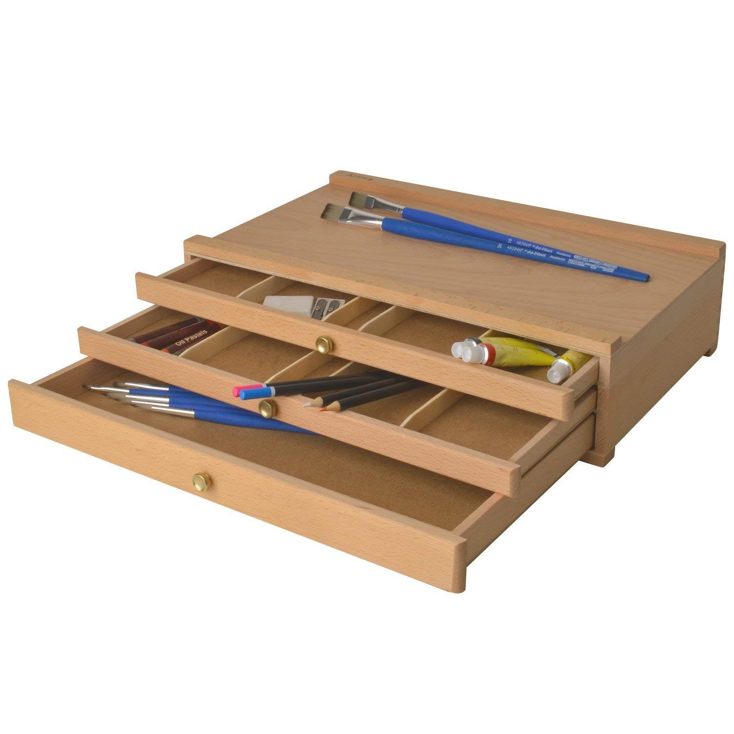 Artina Aufbewahrungsbox Malkoffer leer Troyes mit 3 Schubladen (BxTxH), 41x26x11cm, Utensilienkoffer Holzkoffer aus Buchenholz - Malkoffer