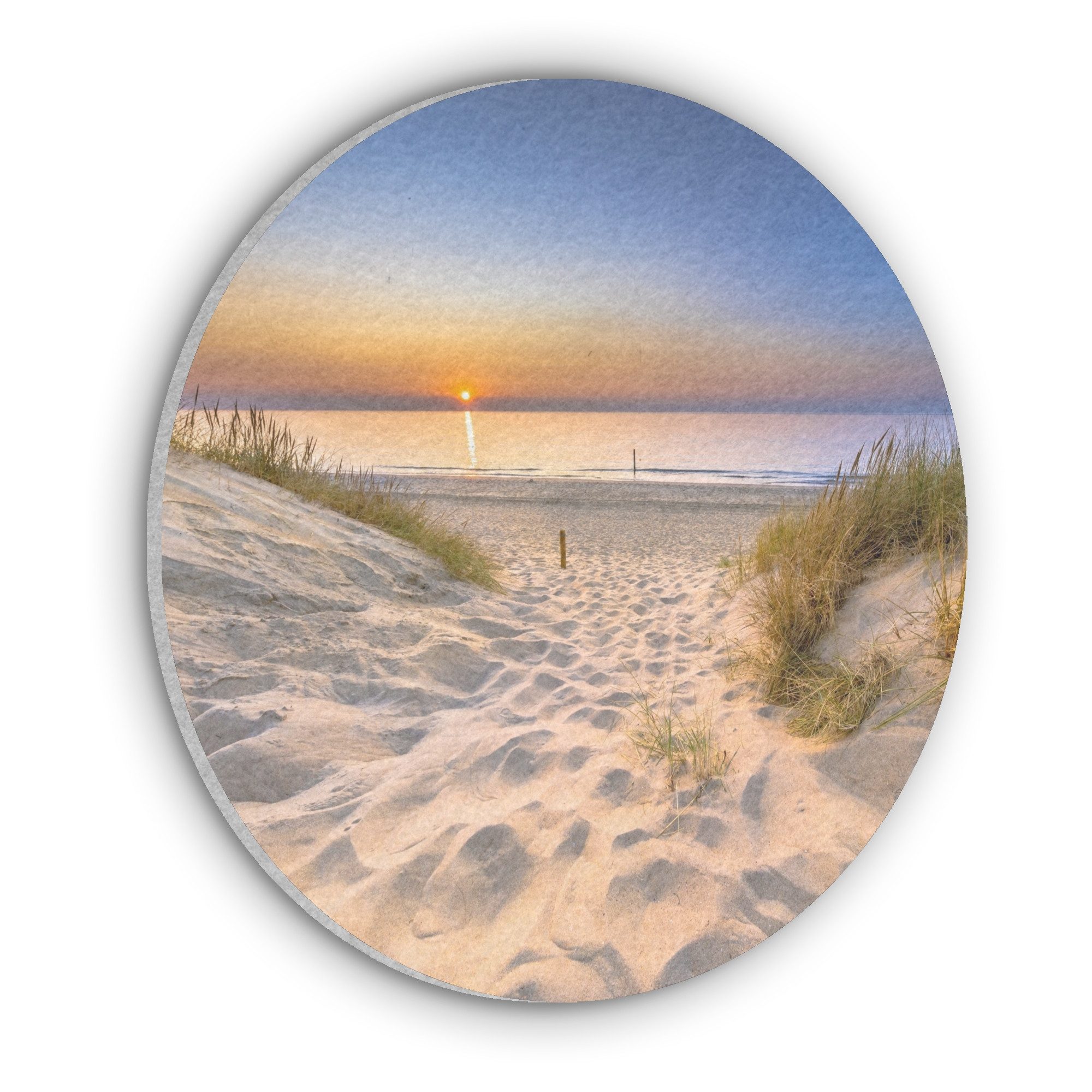 MuchoWow Gemälde Düne - Sonnenuntergang - Horizont - Strand - Gras, Fotodruck (1 St), Akustikpaneele rund, Schalldämmung, Akustikbilder 30x30 cm