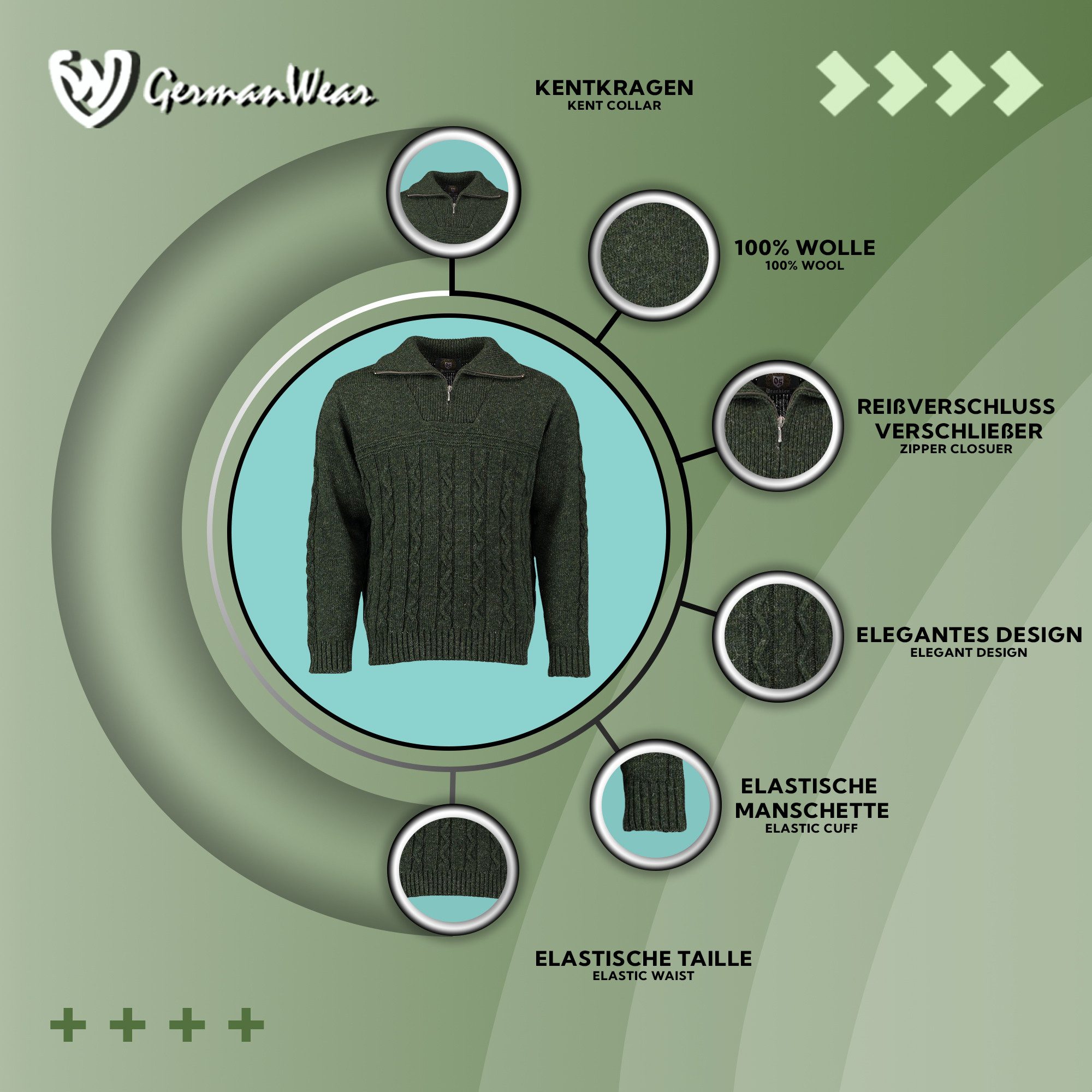 German Wear Trachtenstrickjacke OP5 Strickjacke Jagd Trachten aus Schurwolle Pullover
