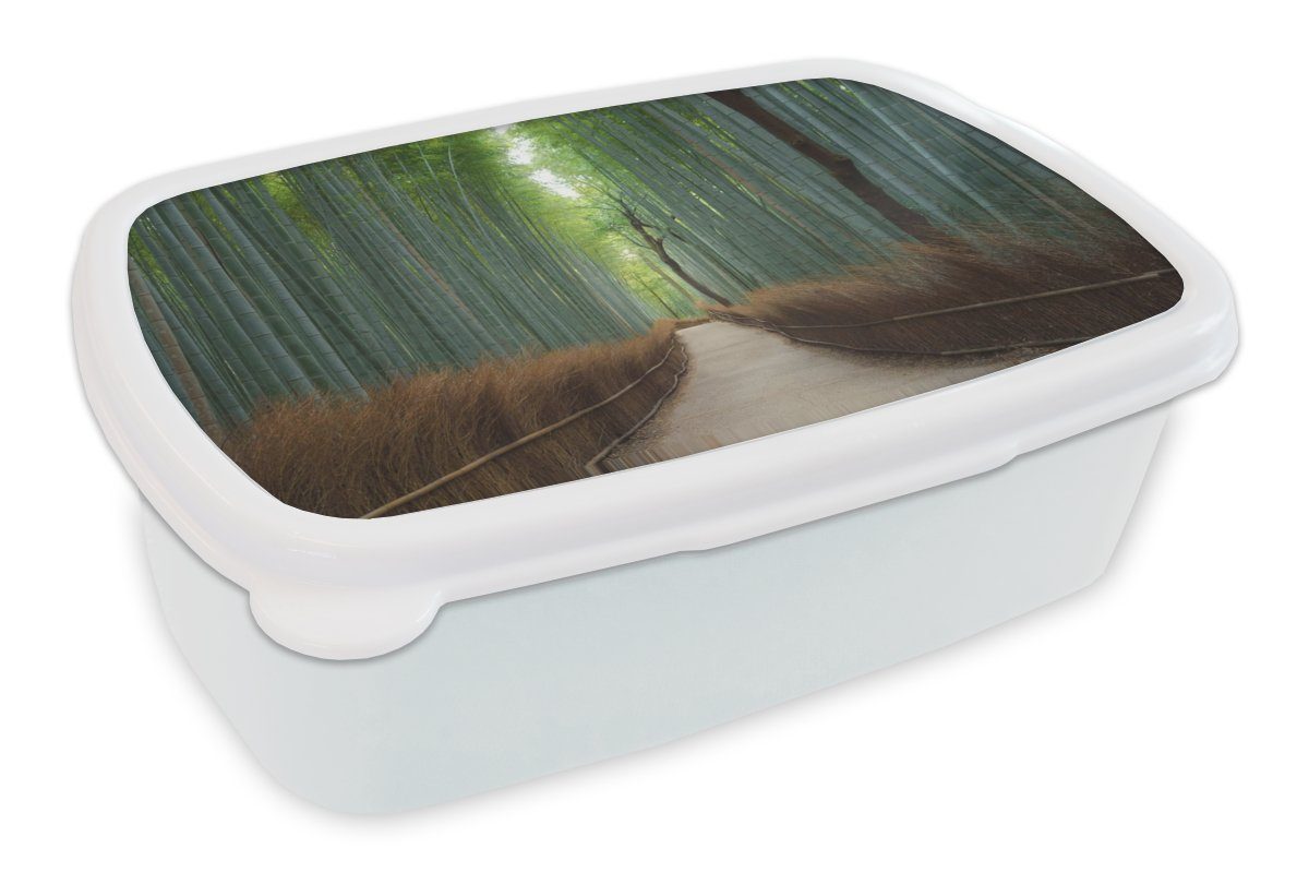 MuchoWow Lunchbox Bambus - Weg - Wald, Kunststoff, (2-tlg), Brotbox für Kinder und Erwachsene, Brotdose, für Jungs und Mädchen weiß