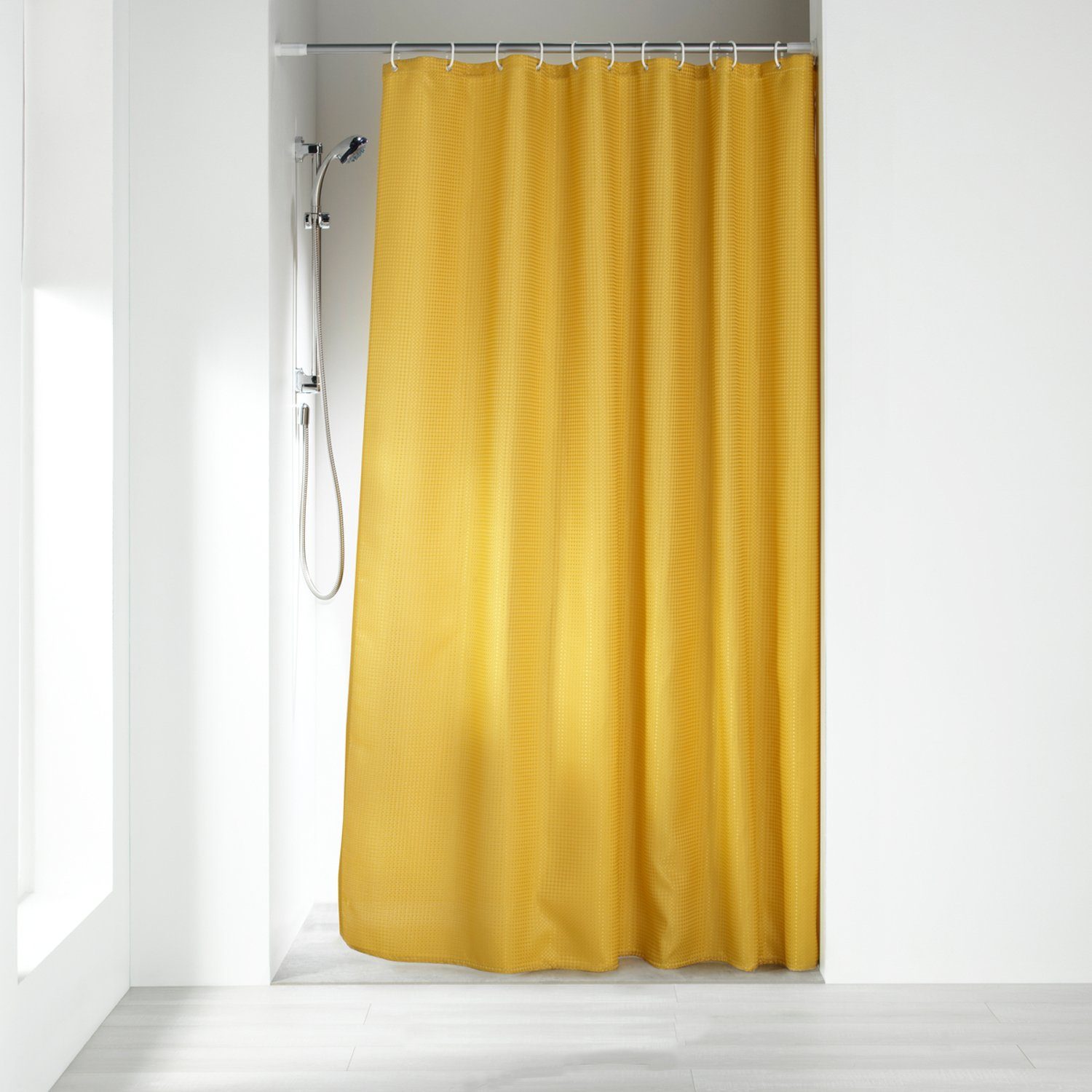 Sanixa Duschvorhang super weich, kein kleben an Wanne oder Körper,  Duschvorhang Textil 180x200 cm Grün oder Gelb Jaquard Muster