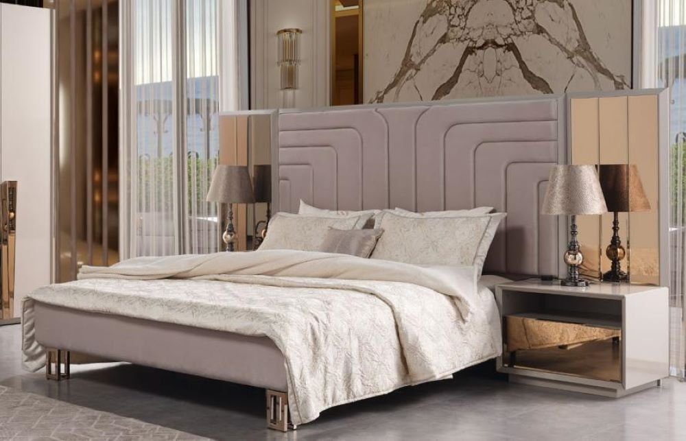 JVmoebel Schlafzimmer-Set Luxus Doppelbett Garnitur Holz Modern Set (3-St) Beige Bett 3tlg, Schlafzimmer