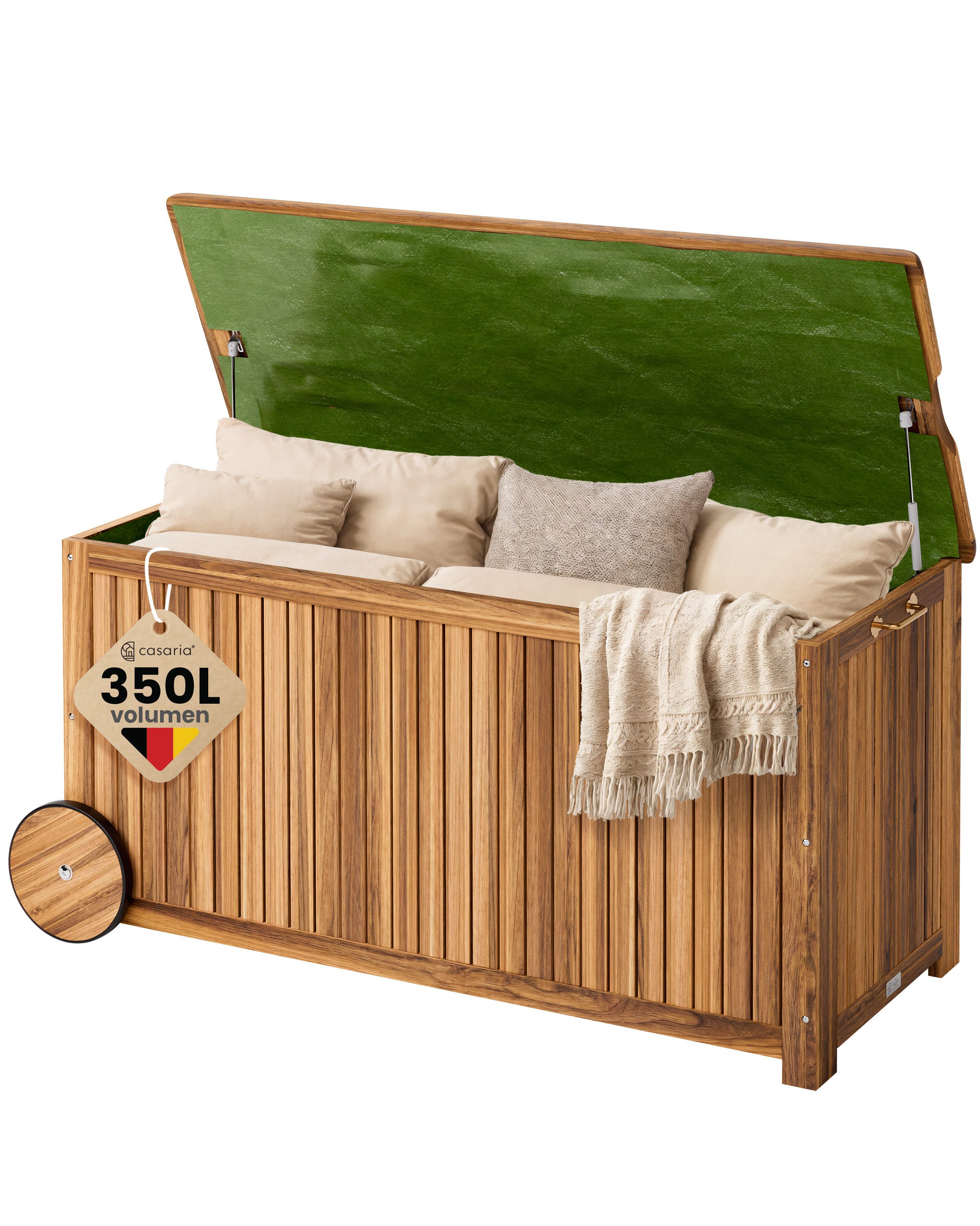 Casaria Auflagenbox, Holz 350L Deckel 160kg belastbar Räder Griff Innenplane Garten Akazie