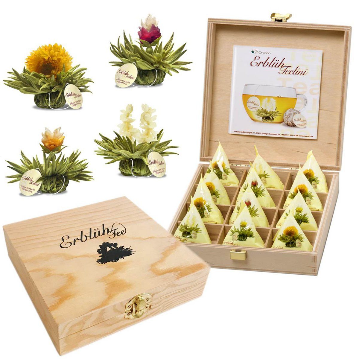 Creano Teebox Creano Teelini Teeblumen 12 ErblühTeelini Teekiste aus Holz Geschenk