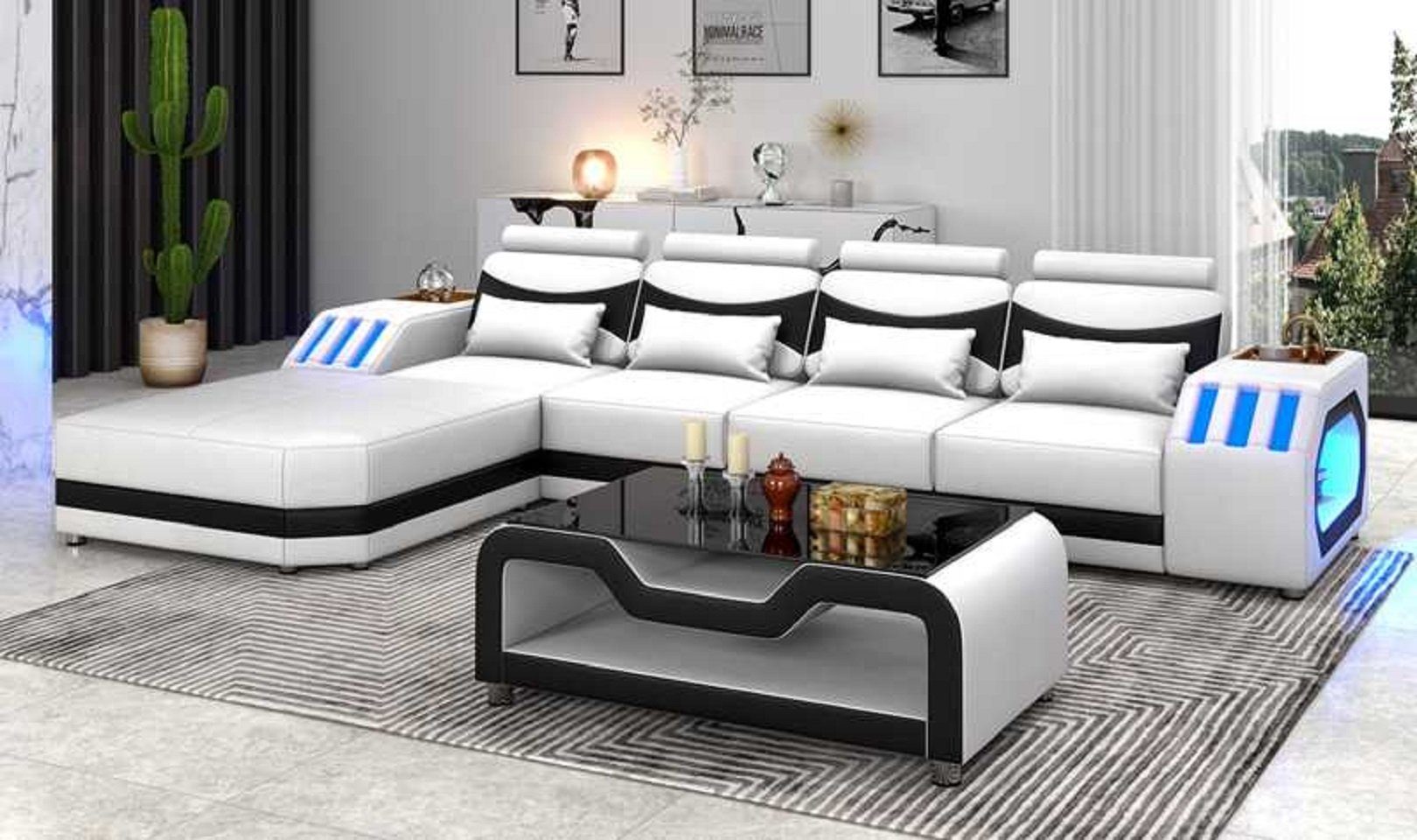 JVmoebel Ecksofa Modern Ecksofa Ledersofa L Form Couch Sofas Luxus Eckgarnitur LED, 3 Teile, Made in Europe Weiß