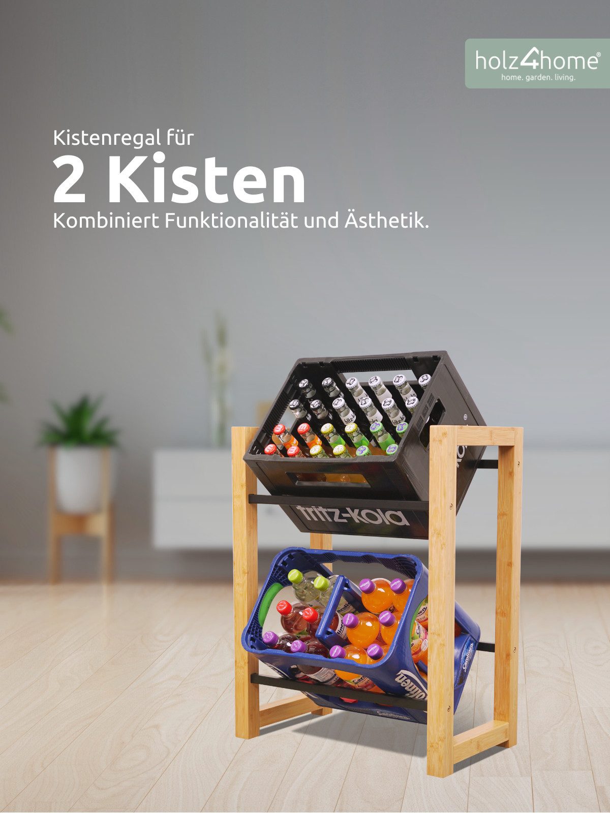 holz4home® Kastenständer Getränkekistenregal aus Bambus I Kistenregal Metallstreben Schwarz, inkl. Metallablage