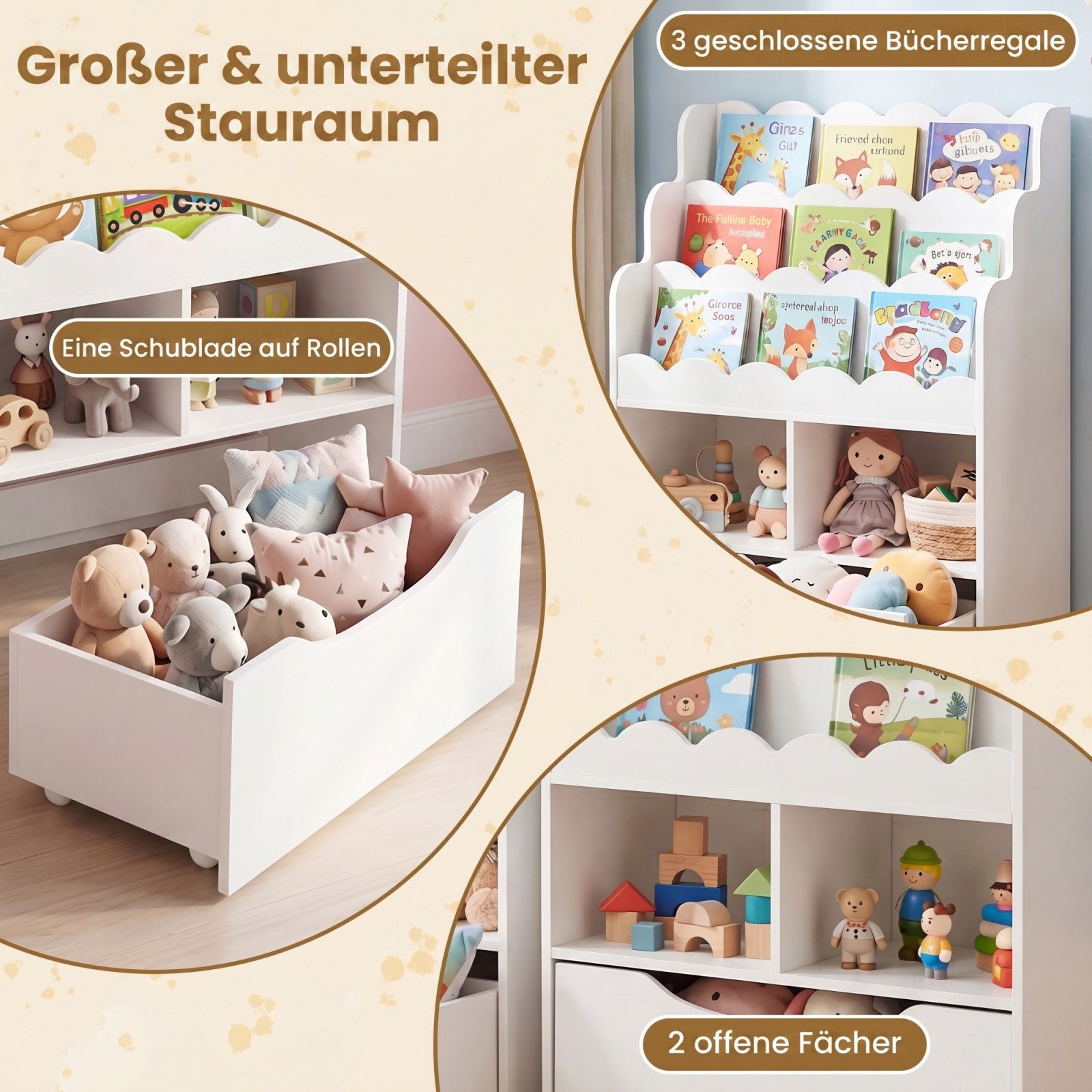 COSTWAY Kinderregal, Spielzeugregal mit 5 Ebenen, Schubladen auf Rollen & 2 offenen Fächern