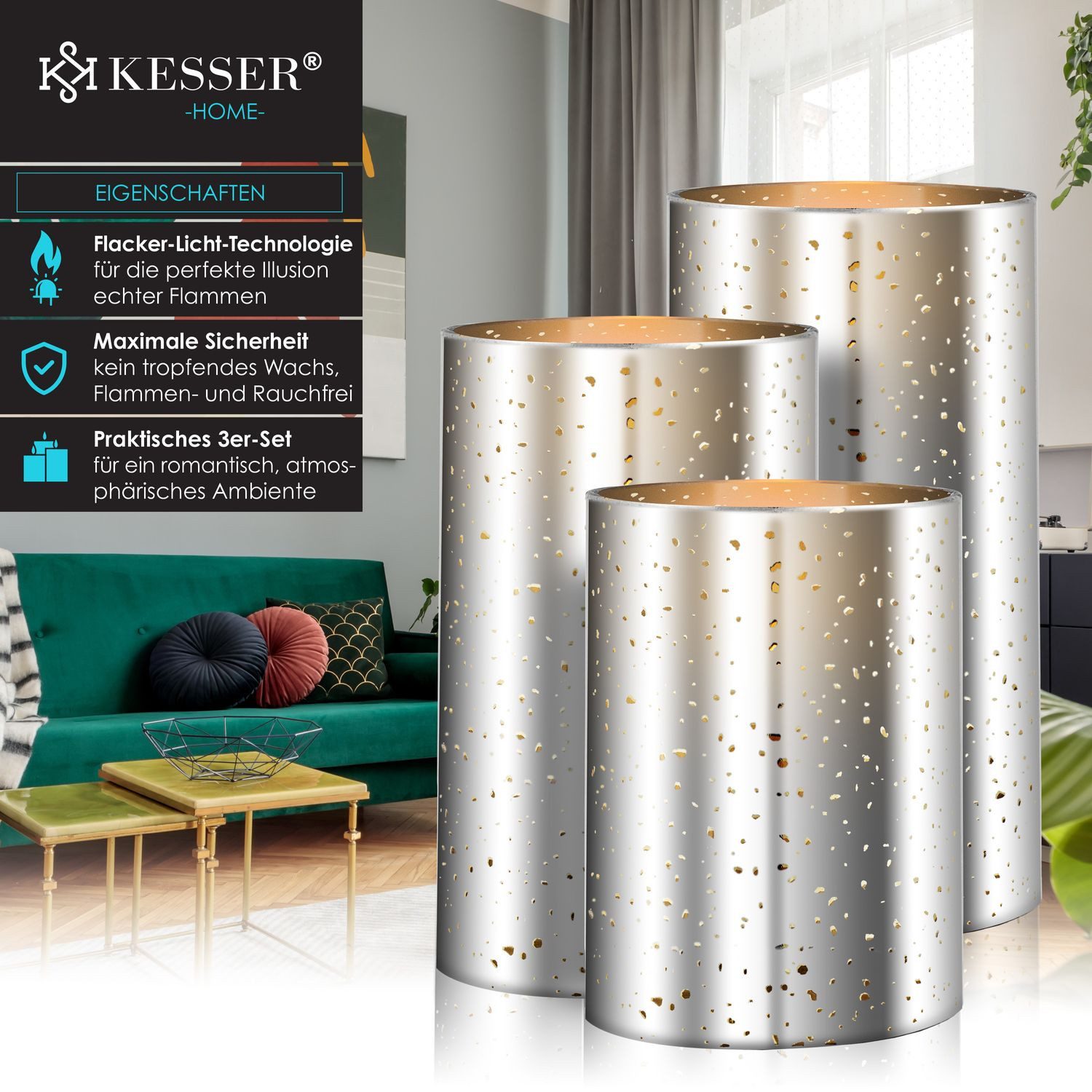 KESSER LED-Kerze, 3er Set flammenlose & flackernde Echtwachs Kerze mit Time günstig online kaufen