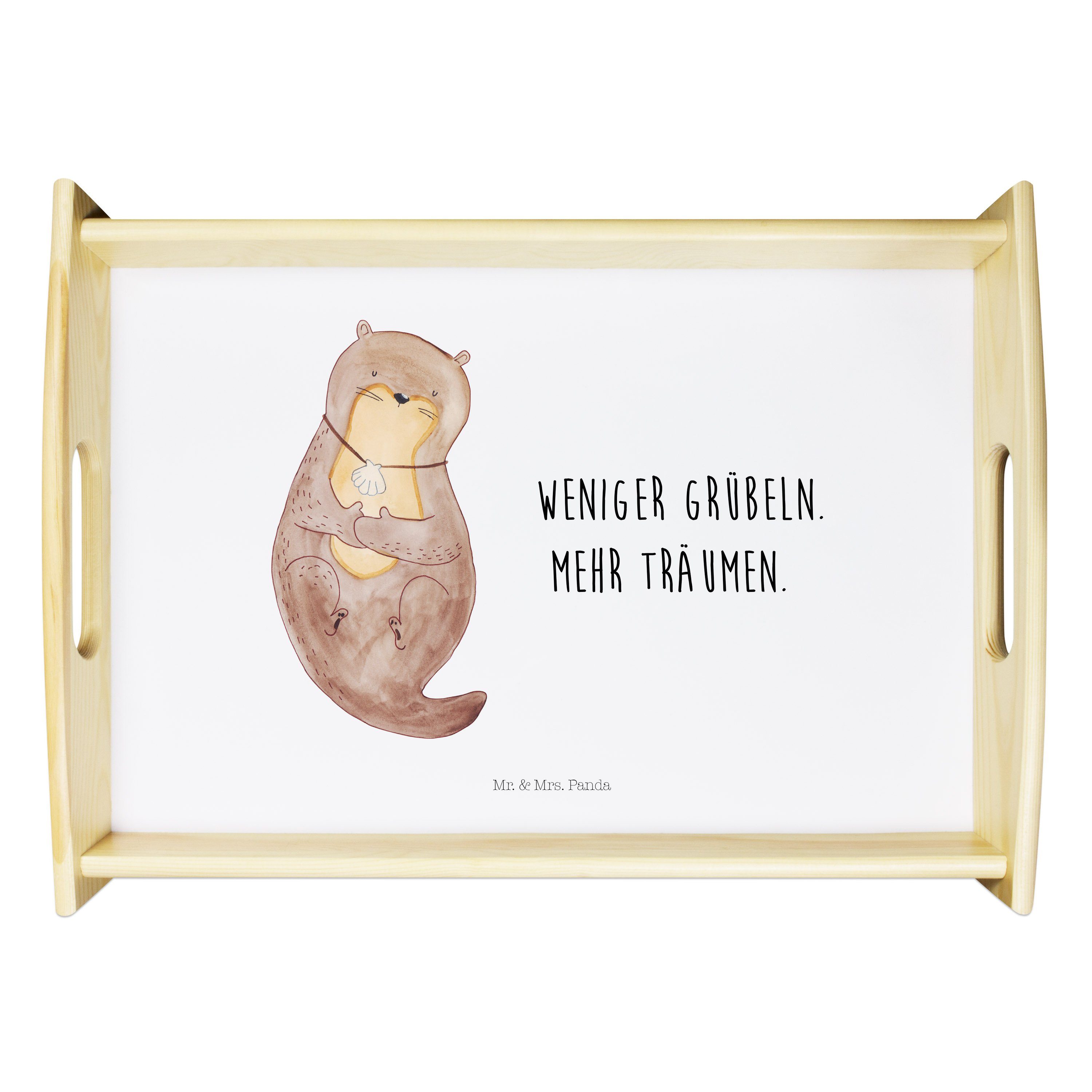 Mr. & Mrs. Panda Tablett Otter mit Muschelmedaillon - Weiß - Geschenk, Otterliebe, Seeotter, H, Echtholz lasiert, (1-tlg)