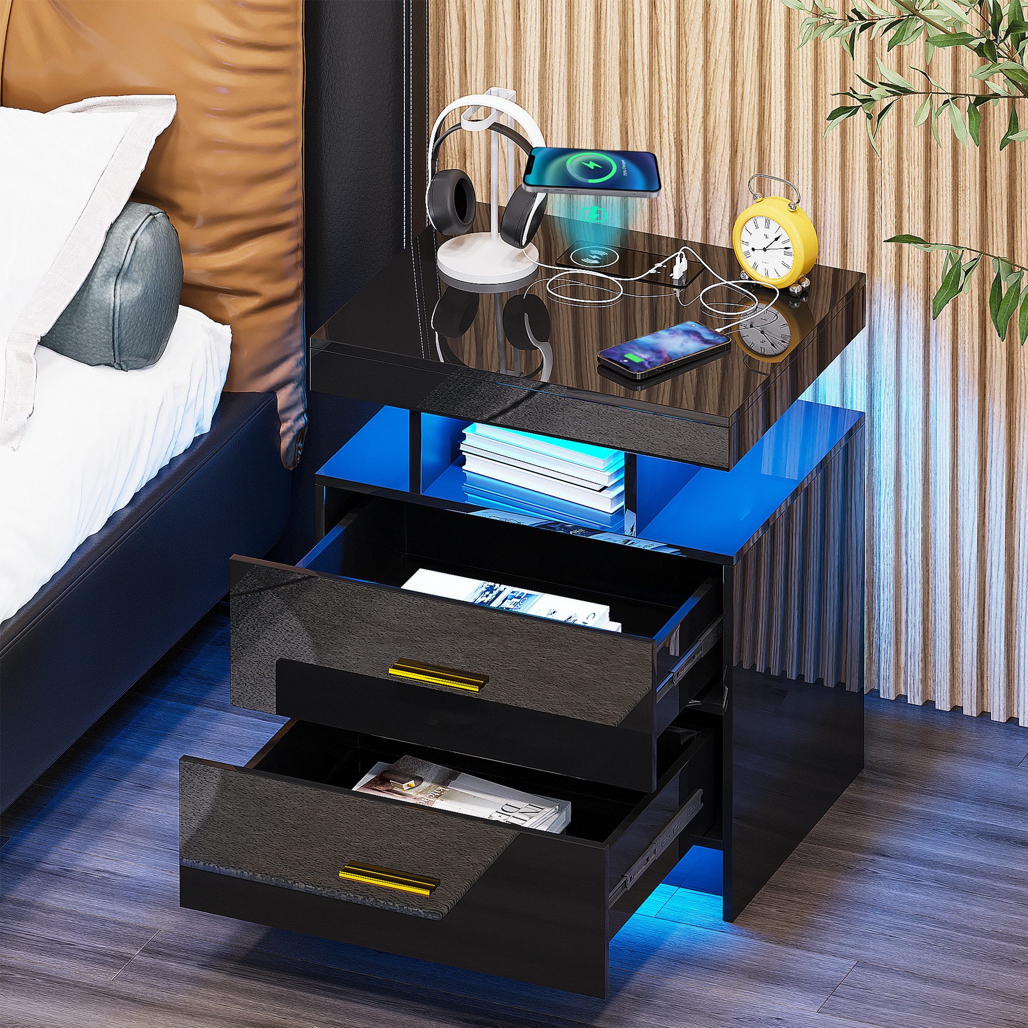 LVifur Nachttisch mit LED-Licht und Sensor, 2 Schubladen, USB&Type-C, kabelloses Laden (1-St), 3 Farben Dimmbares Licht, 40T x 50B x 58H cm, Hochglanz Schwarz