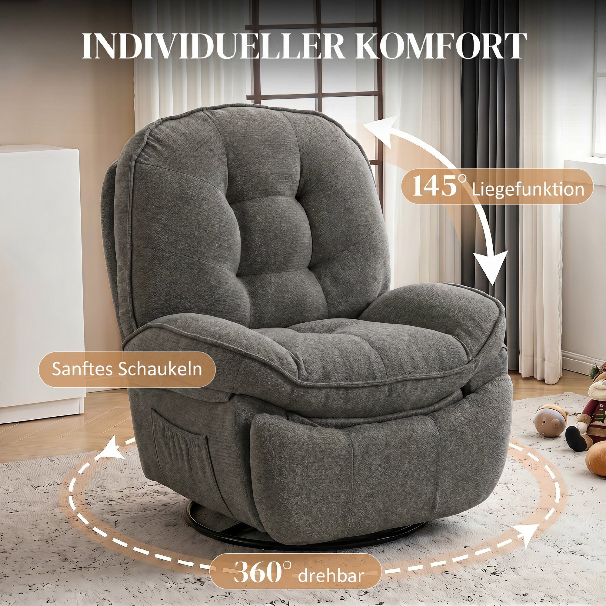 HOMCOM Relaxsessel Fernsehsessel Liegesessel mit Liegefunktion, Wippfunktion (Set, 1-St., Ruhesessel), 360° drehbar, wippend, bis 145° neigbar – Bild 4 von 5