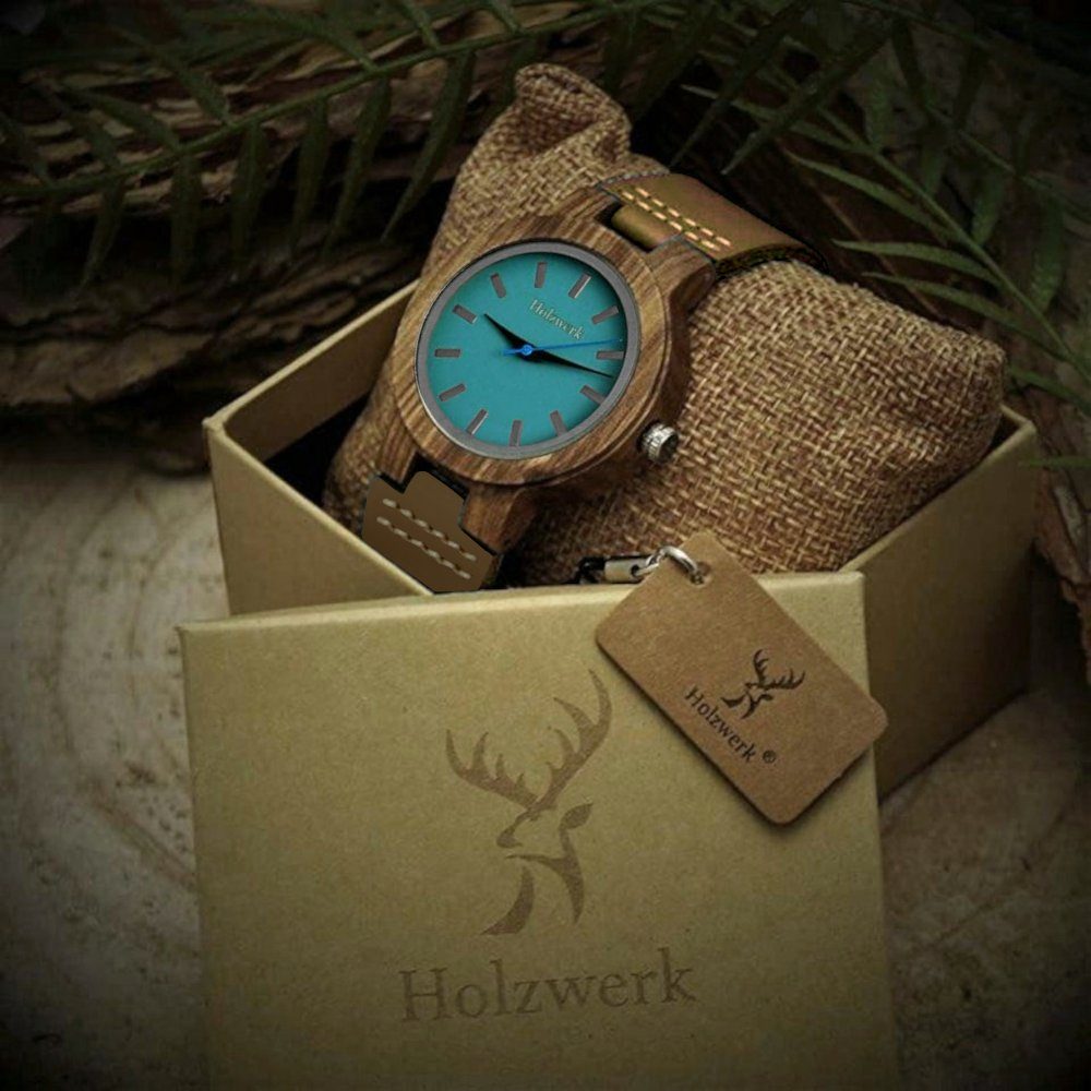 Damen blau Armband in NAILA Uhr Leder LIL & & kleine türkis braun Holz Holzwerk Quarzuhr