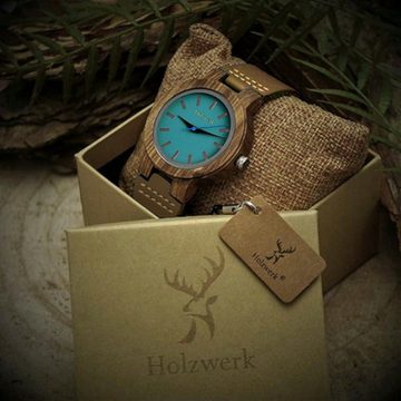 Holzwerk Quarzuhr LIL NAILA kleine Damen Leder & Holz Armband Uhr in braun & türkis blau