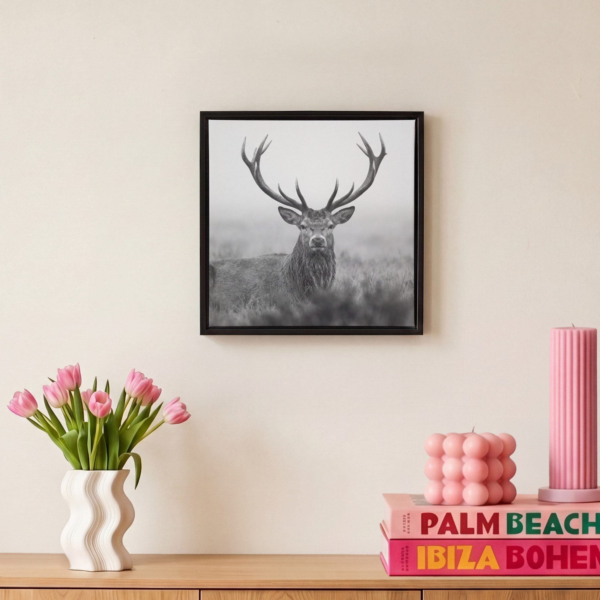 OneMillionCanvasses® Leinwandbild mit Rahmen - Hirsch - Neblig - Schwarz - Weiß, Fotodruck (1 St), Leinwand Bilder Klein, Wand Dekoration Aesthetic 20x20cm – Bild 4 von 5