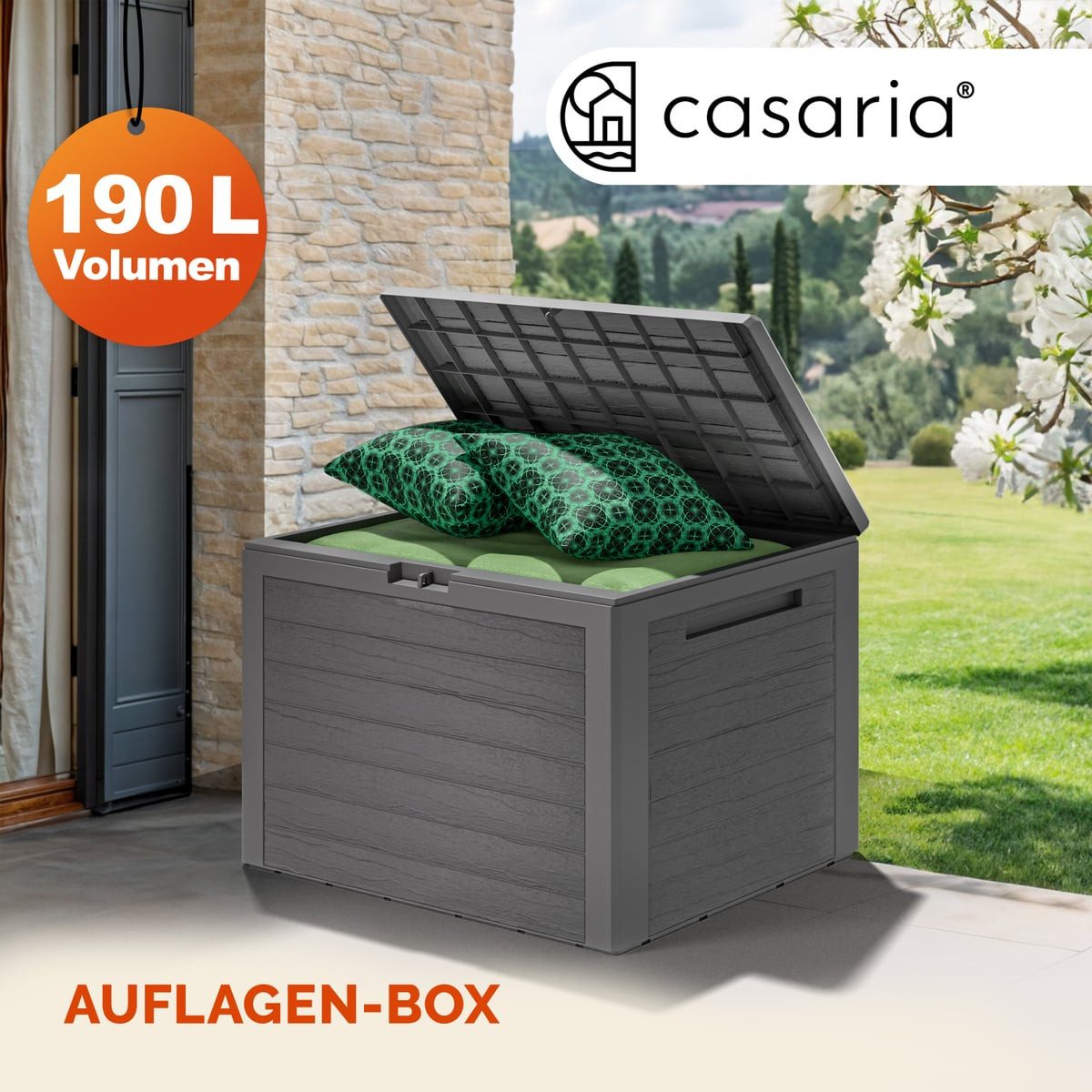 Casaria Auflagenbox Lille (1 St), 190L UV-beständig Griffmulden Verschließbar Balkon Holz-Optik Grau