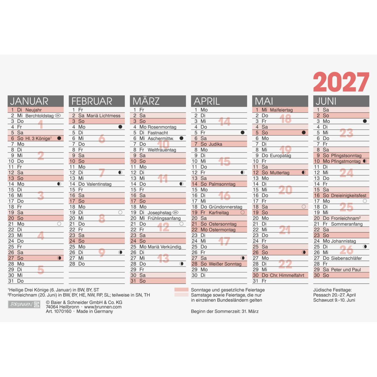 BRUNNEN Terminplaner Tafelkalender A6quer 2027