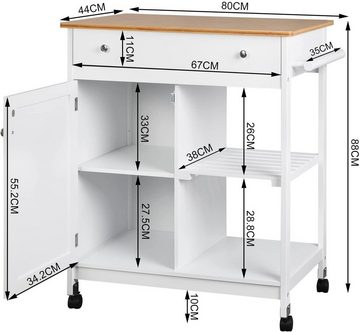 Woltu Servierwagen, (1 St), aus Bambus, mit Arbeitsplatte, Schublade, Weiß