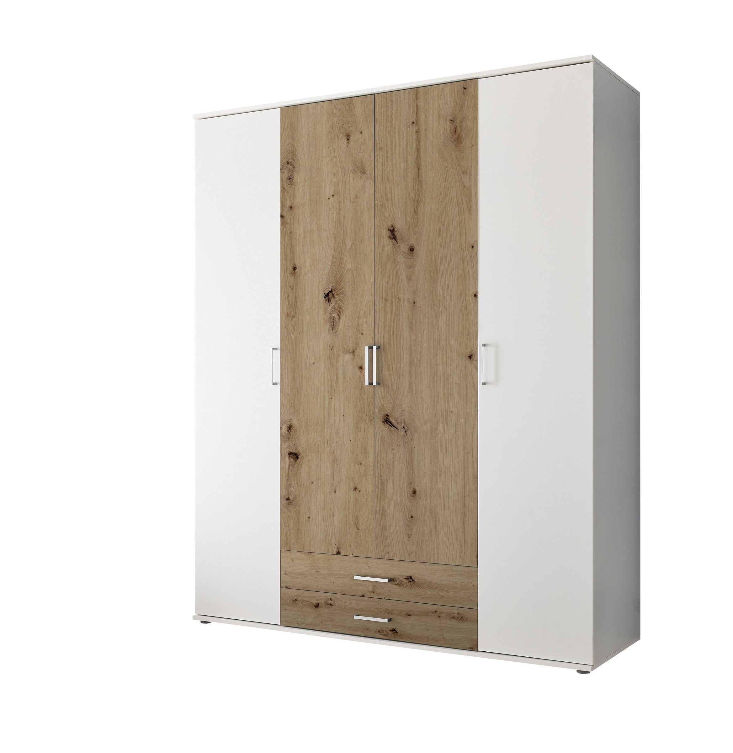 Pol-Power Kleiderschrank in Weiß / Artisan Eiche mit 2 Schubladen und 4 Türen (BxHxT: 160x196x54 cm)