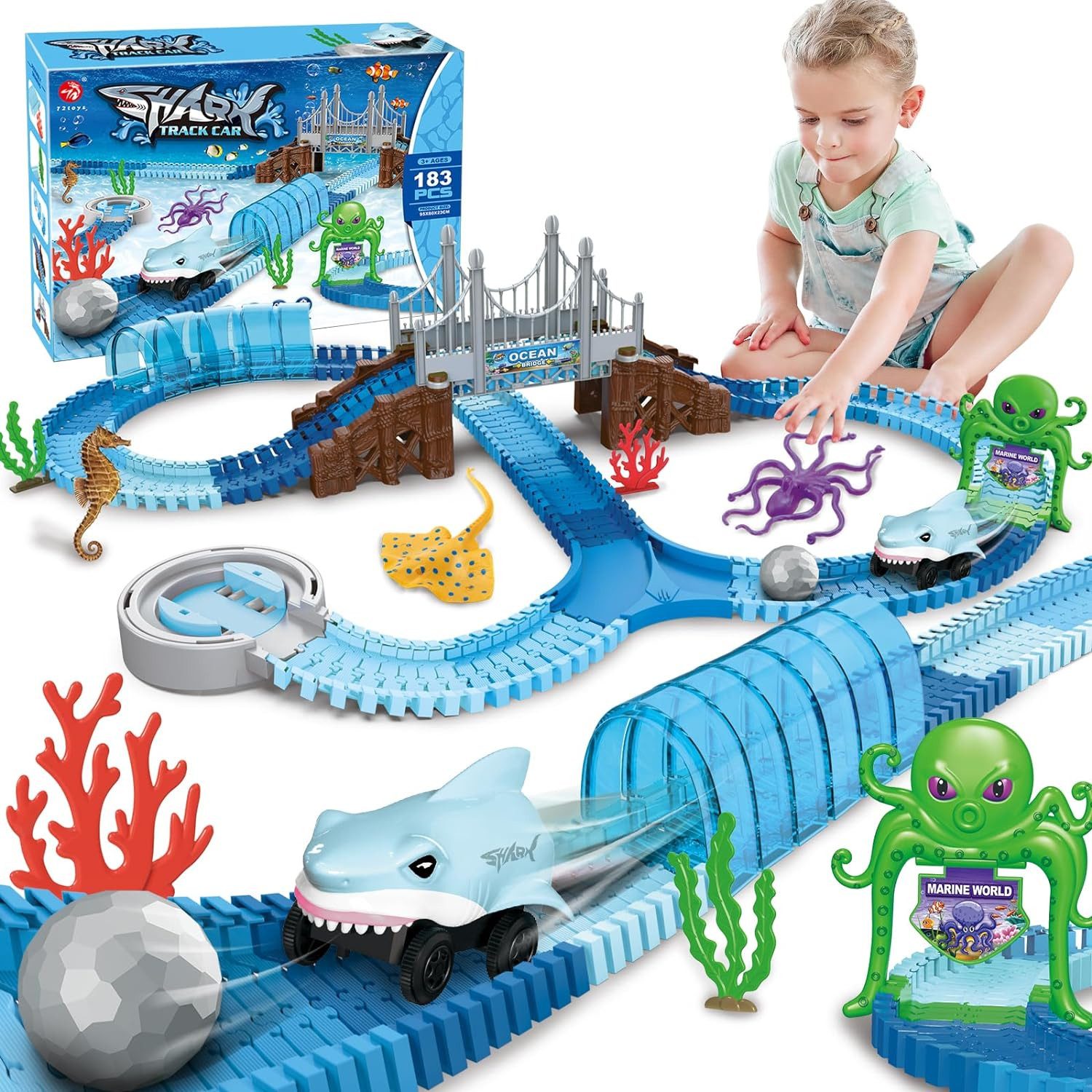 DINO SONO Rennbahn-Auto Hai-Rennauto 183pcs mit Tunnel Brücke Meerestieren Korallen Oktopus, Hai Shark