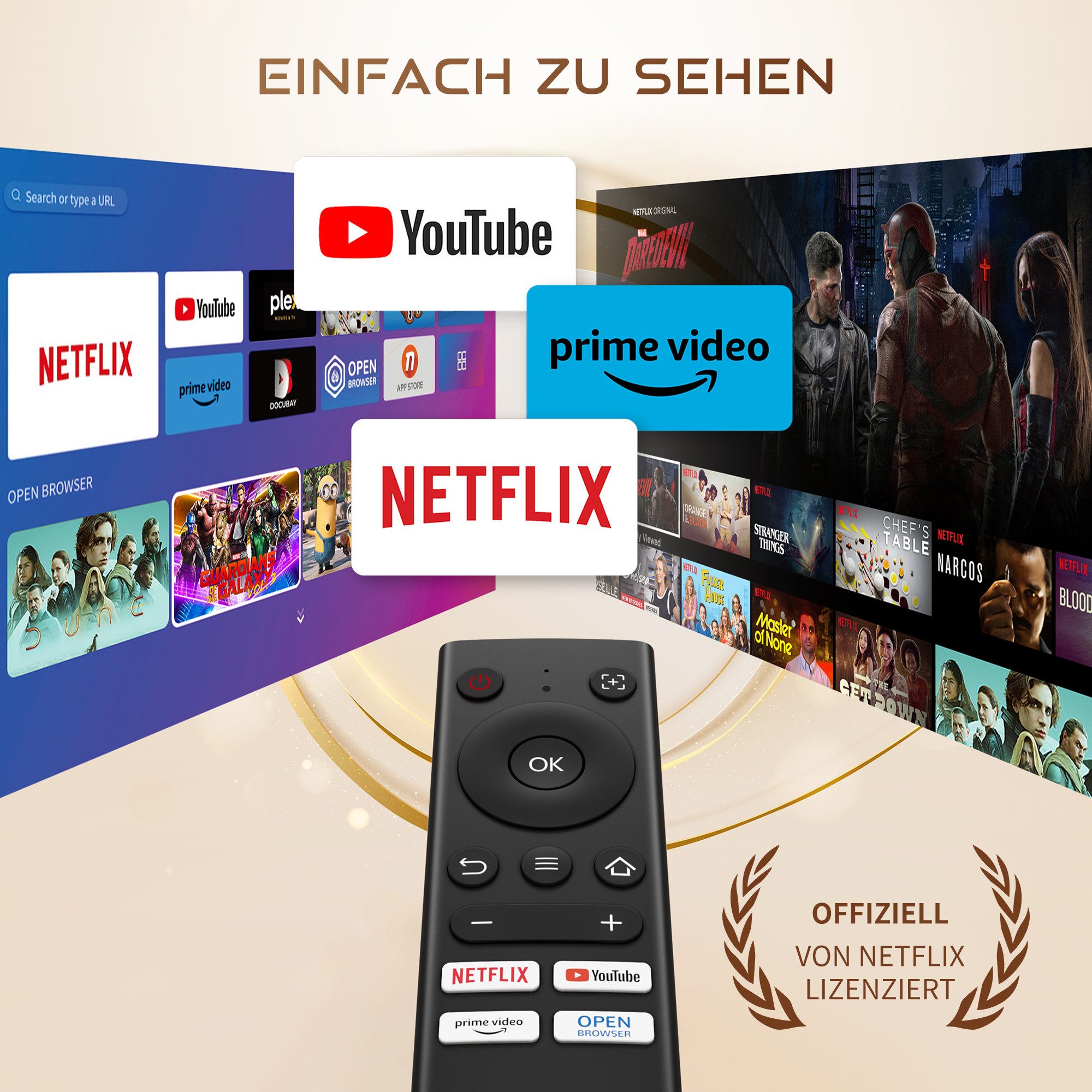 Aurzen NetfIix Officially 4K Unterstützt Smart Beamer (3840 x 2160 px, DoIby Audio, Autofokus & Trapezkorrektur, WiFi Bluetooth Projektor)