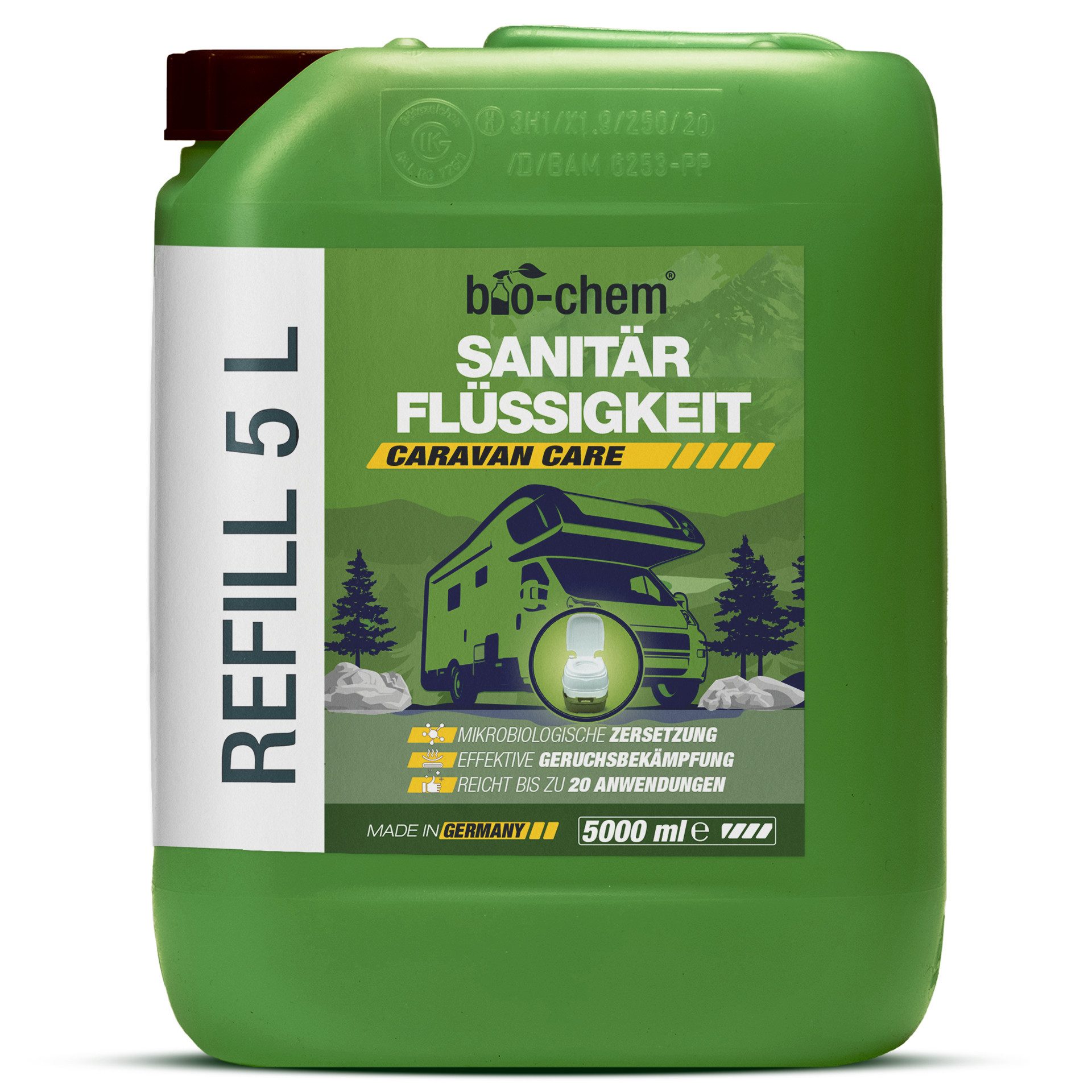 bio-chem bio-chem Sanitärflüssigkeit 1L – Mikrobiologischer Toilettenzusatz Campingtoilettenreiniger (Sanitärflüssigkeit 5 l Kanister + Dosierbecher)