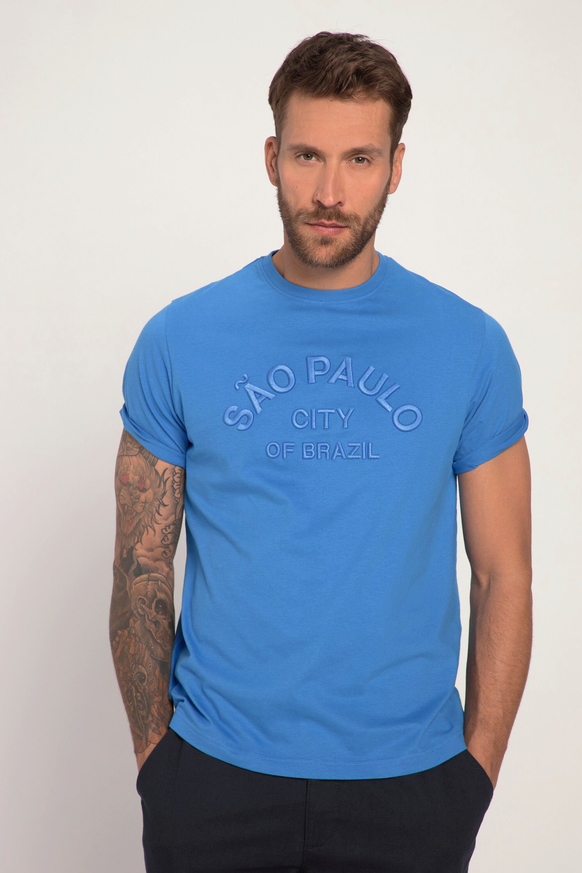 Halbarm T-Shirt Rundhals blau JP1880 T-Shirt Stickerei
