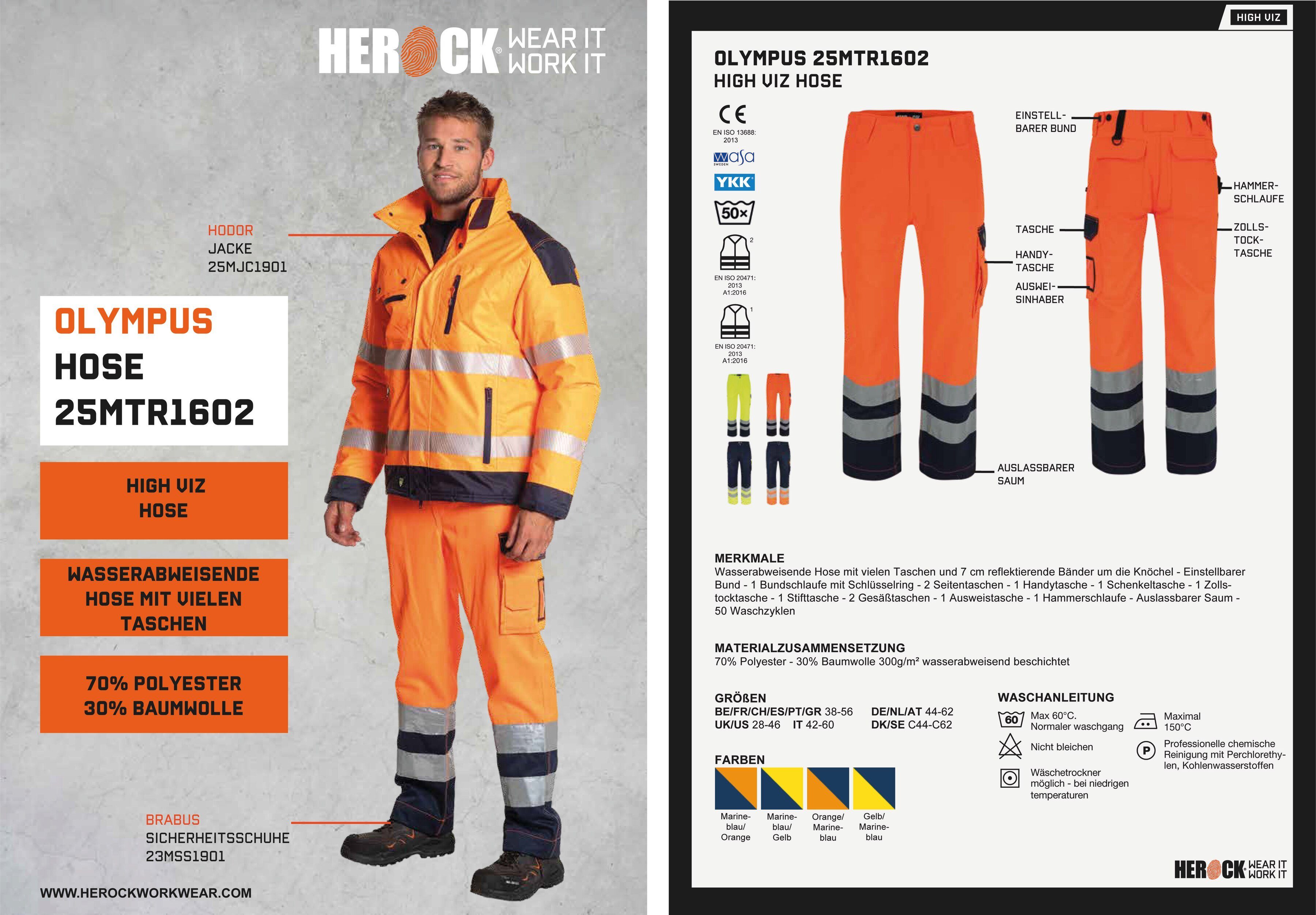 verstellbarer neonorange-marine Bund Olympus Schlaufen, viele Herock Wasserabweisend, Hose Taschen, 2 Arbeitshose Hochsichtbar