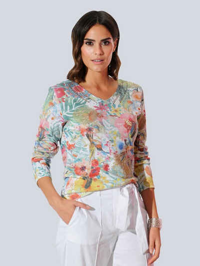 Alba Moda V-Ausschnitt-Pullover allover im floral bedruckten Dessin