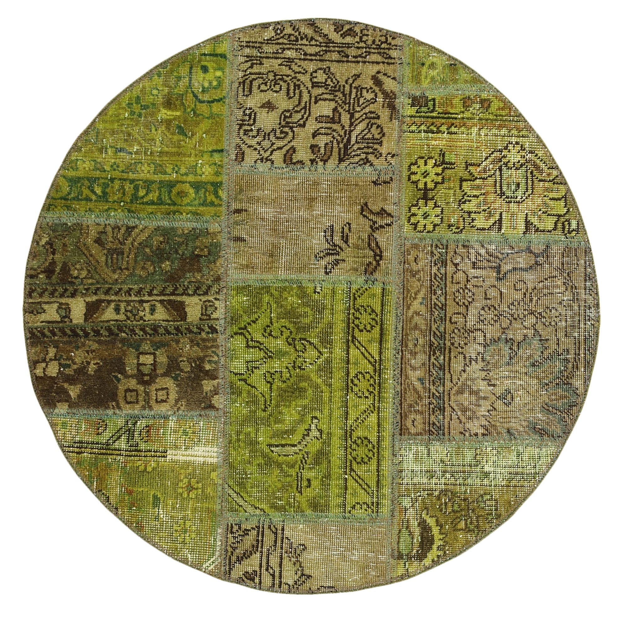 Wohnando Teppich MY-RUG Vintage Patch Work Floral & Ornamentiert 100x100cm, Rund, Höhe: 10 mm, Handgeknüpfter Teppich,Handgesponnene Wolle, mit Naturfarben gegärbt
