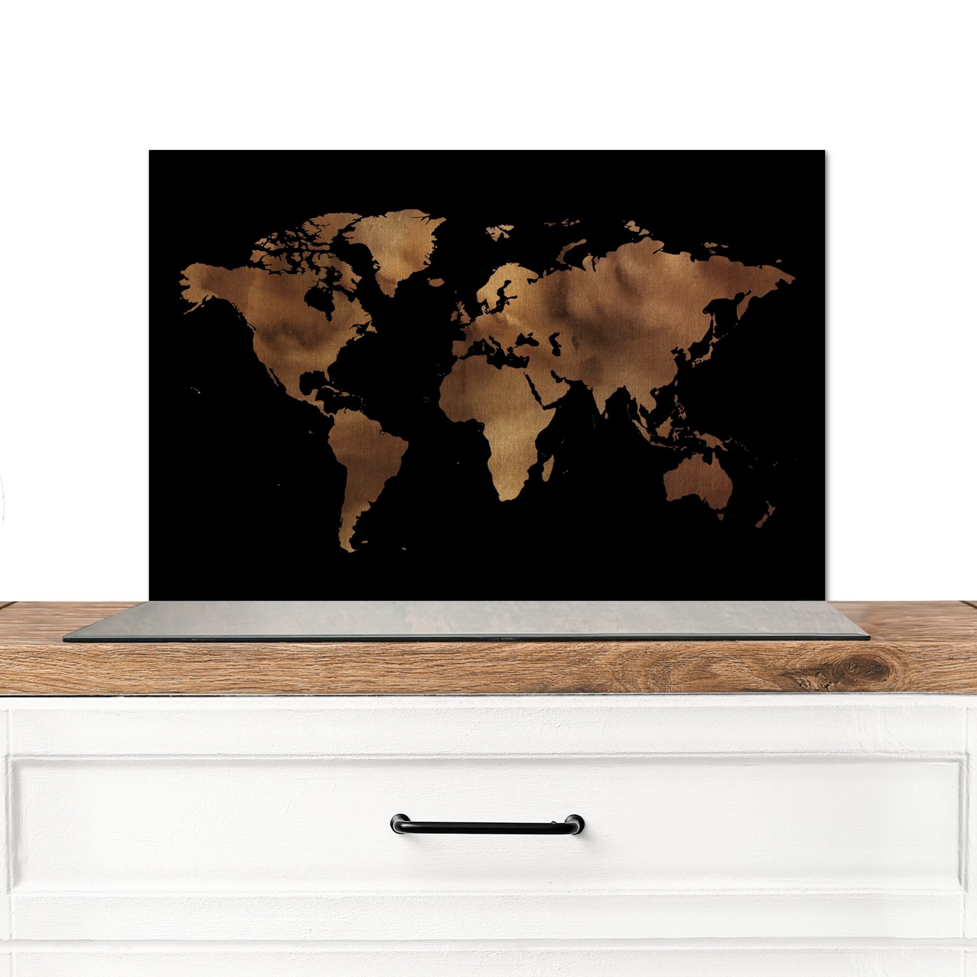 MuchoWow Küchenrückwand Weltkarte - Schwarz - Bronze, (1-tlg), Spritzschutz Küche, Küchendeko, 60x40 cm