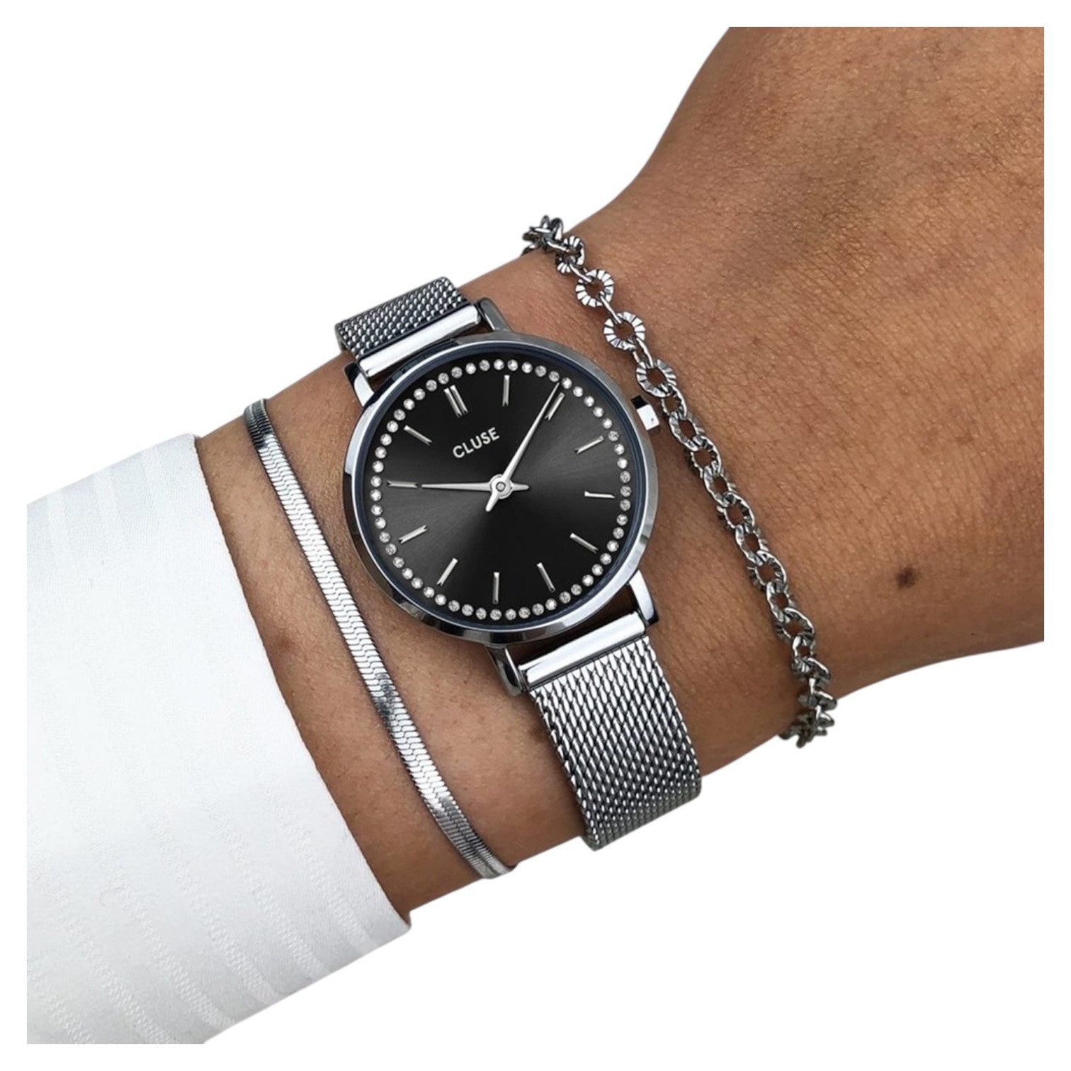 CLUSE Quarzuhr Boho Chic Petite Crystals Mesh Black Boho Chic Petite, Elegantes Design