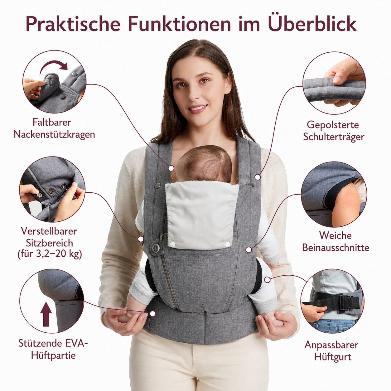 ibettertec Babytrage Neugeborene ab Geburt, Kleinkindtrage aus 100% Baumwolle (Ergobaby Babytrage mit Ein-Klick-Schnalle, ergonomische M-Position, X-Rücken, für – Bild 5 von 5