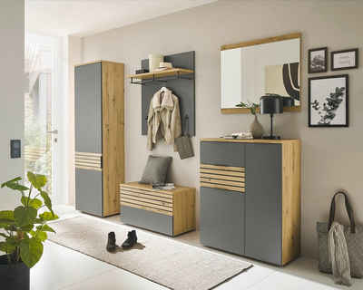 moebel-dich-auf Garderoben-Set MAILAND, (Komplett-Set, Garderobenschrank + Paneel + Bank + Spiegel + Schuhkommode), erhältlich in 2 Farbkombinationen