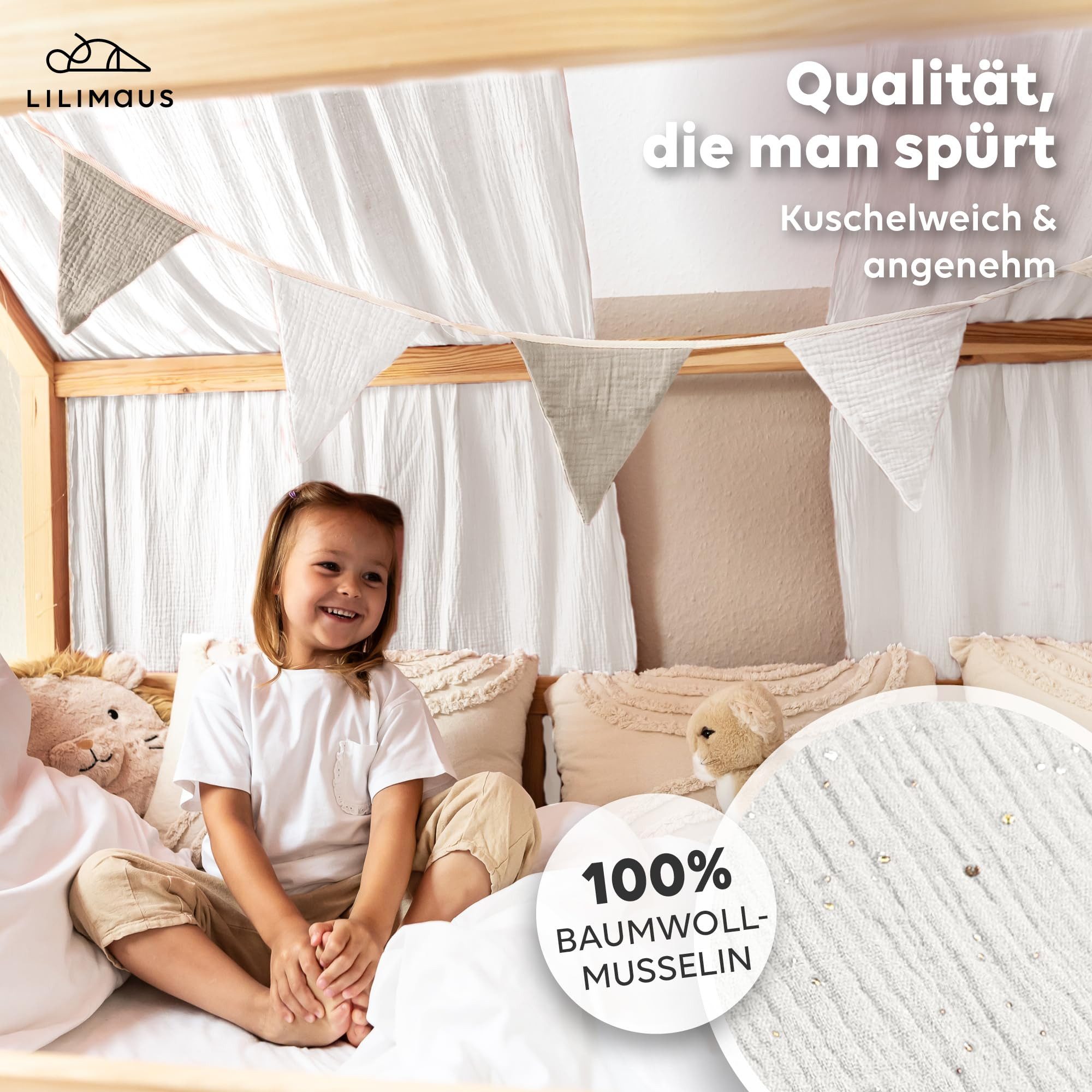 lilimaus Betthimmel Musselin Hausbett Himmel für Kinderzimmer mit Gold Appl günstig online kaufen