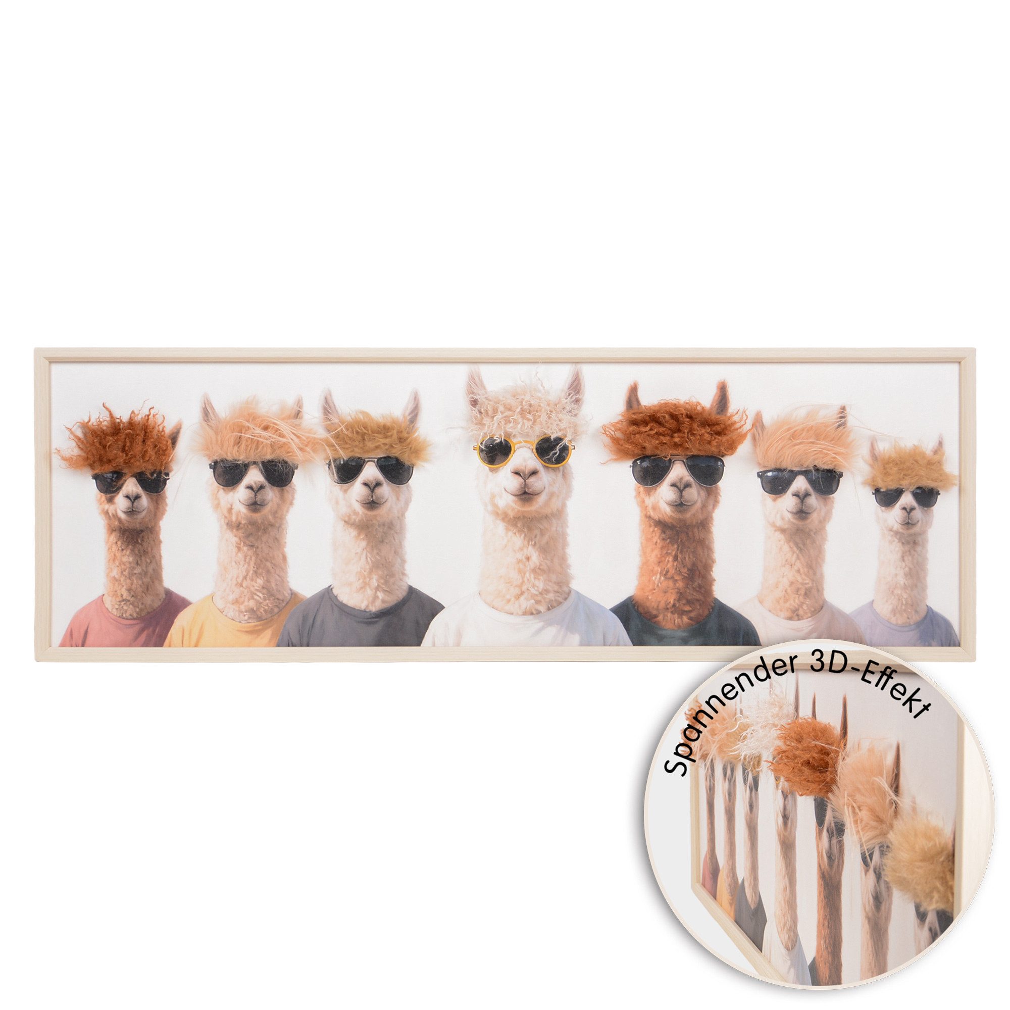 UNUS HOME Wanddekoobjekt Wandbild Alpakas mit Sonnenbrille (120x40cm), 3D Effekt, Alpakas Wandbild, Tier Wanddeko, Wandbild Wolle, humorvoll