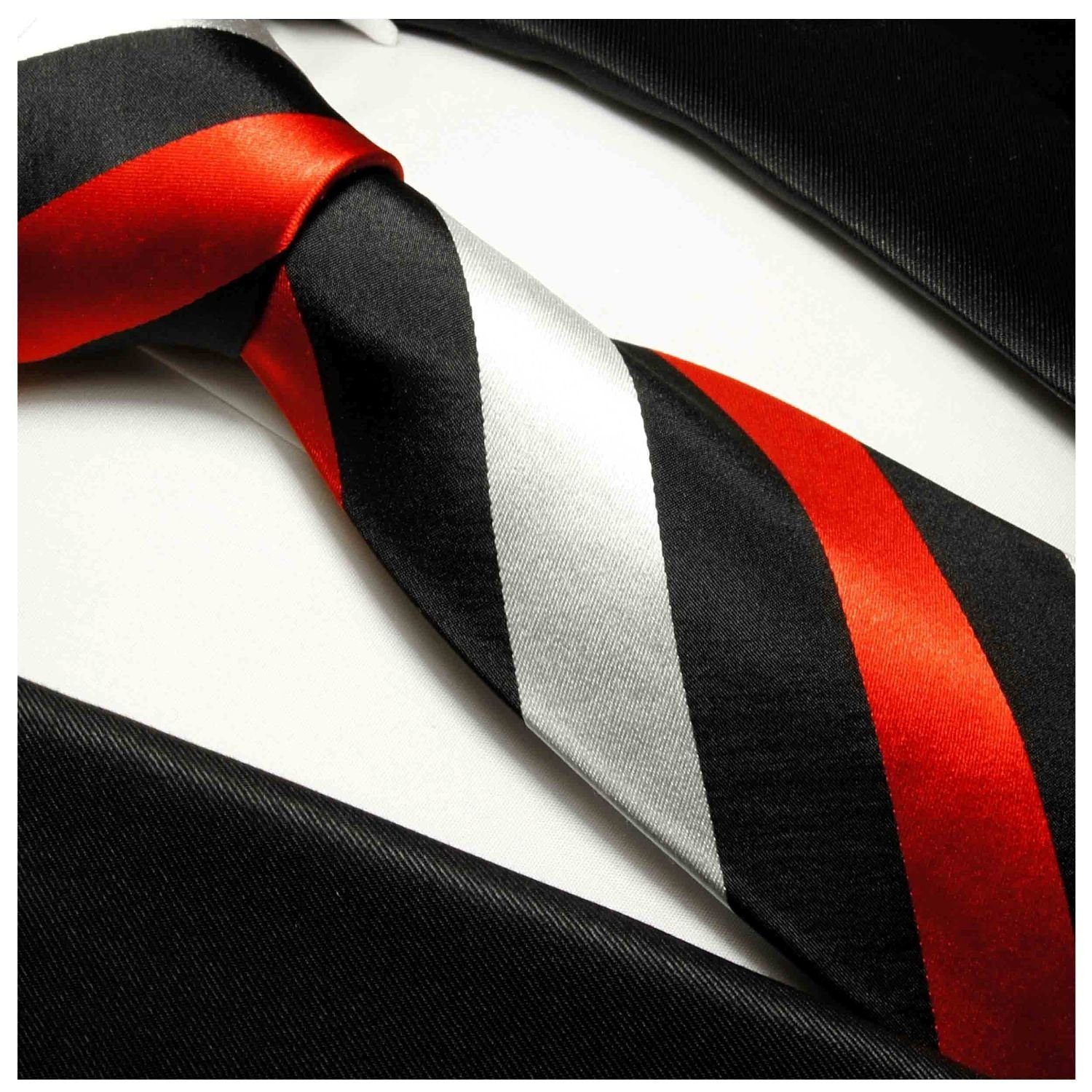 Malone Einstecktuch) Seidenkrawatte (Set, Tuch 100% Krawatte Seide schwarz Business rot Breit Herren mit gestreift 2-St., silber 410 Designer Paul mit Krawatte (8cm),