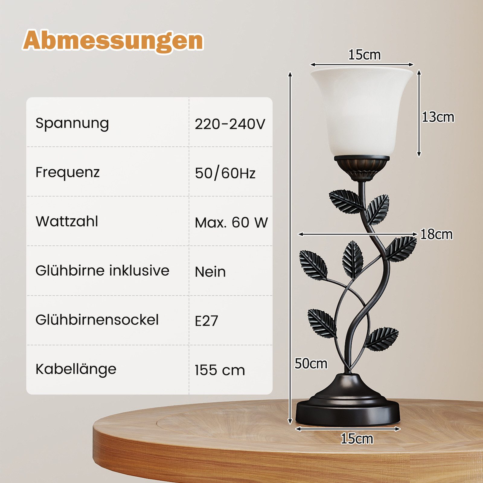 COSTWAY Nachttischlampe, 50cm, mit Tulpen-Glaslampenschirm & Metallblättern