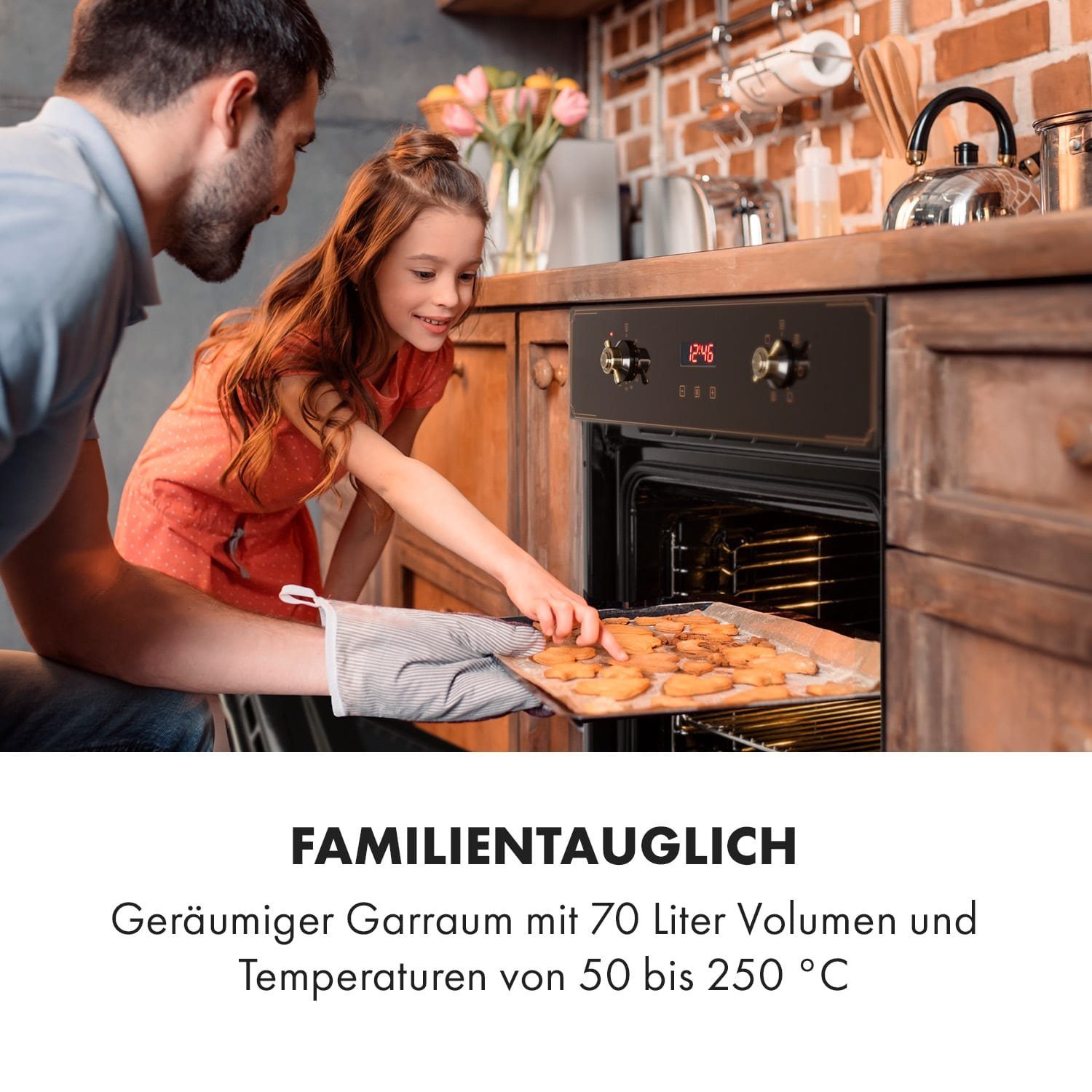 Klarstein Backofen Elizabeth Einbaubackofen Retro 70L 2200W 50-250°C 6 Funktionen Messing Elizabeth, Backofen 70L Retro mit Timer 5 Einschüben & Messing-Drehregler