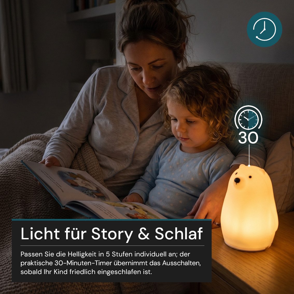 LUXULA LED Nachttischlampe LED-Nachtlicht, LED fest integriert, 1,7W Kinderlampe Weiß aus Silikon durch Drücken dimmbar mit Akku – Bild 5 von 5