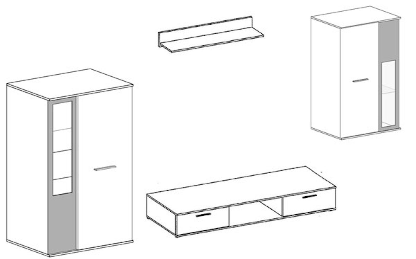 Feldmann-Wohnen Wohnwand Leon, (mit Türen, offene Fächer, mit Beleuchtung, moderne Optik, 4-teilig), 235cm weiß schwarz Hochglanz 4-teilig